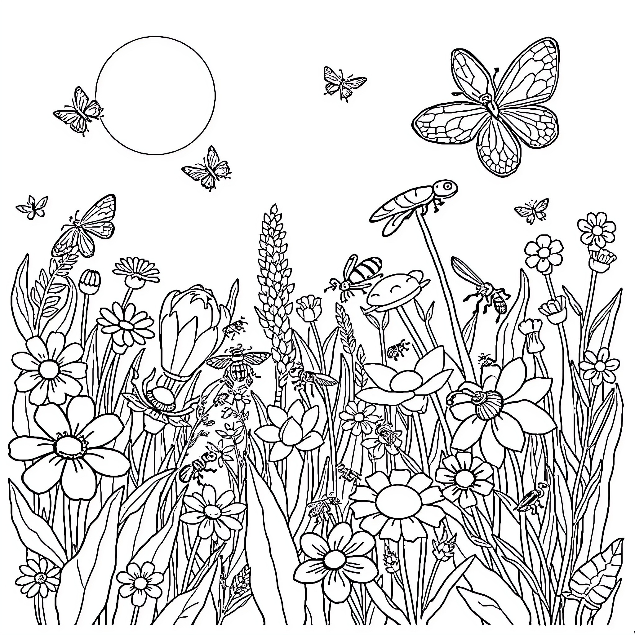 Insect Wonderland: A Whimsical GardenScape Coloring Page (free black-and-white line drawing printable PDF for all, from beginners to advanced learners, including children, teens, adults, and seniors)