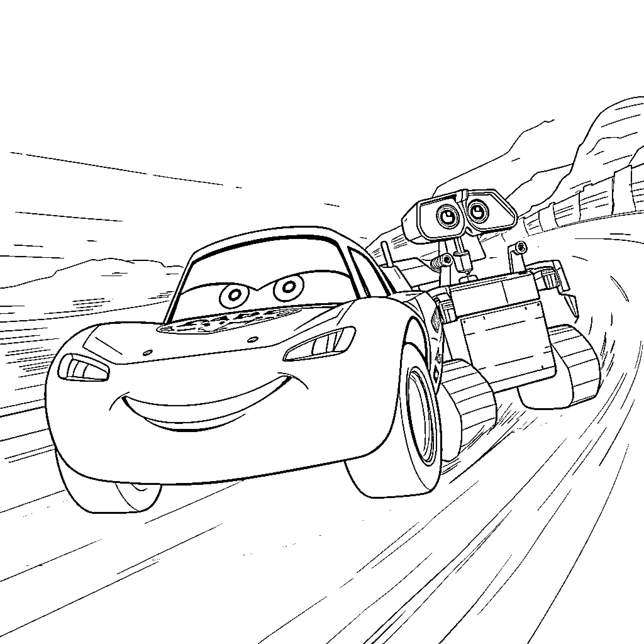 Lightning McQueen on a thrilling adventure Coloring Page (free black-and-white line drawing printable PDF for all, from beginners to advanced learners, including children, teens, adults, and seniors)