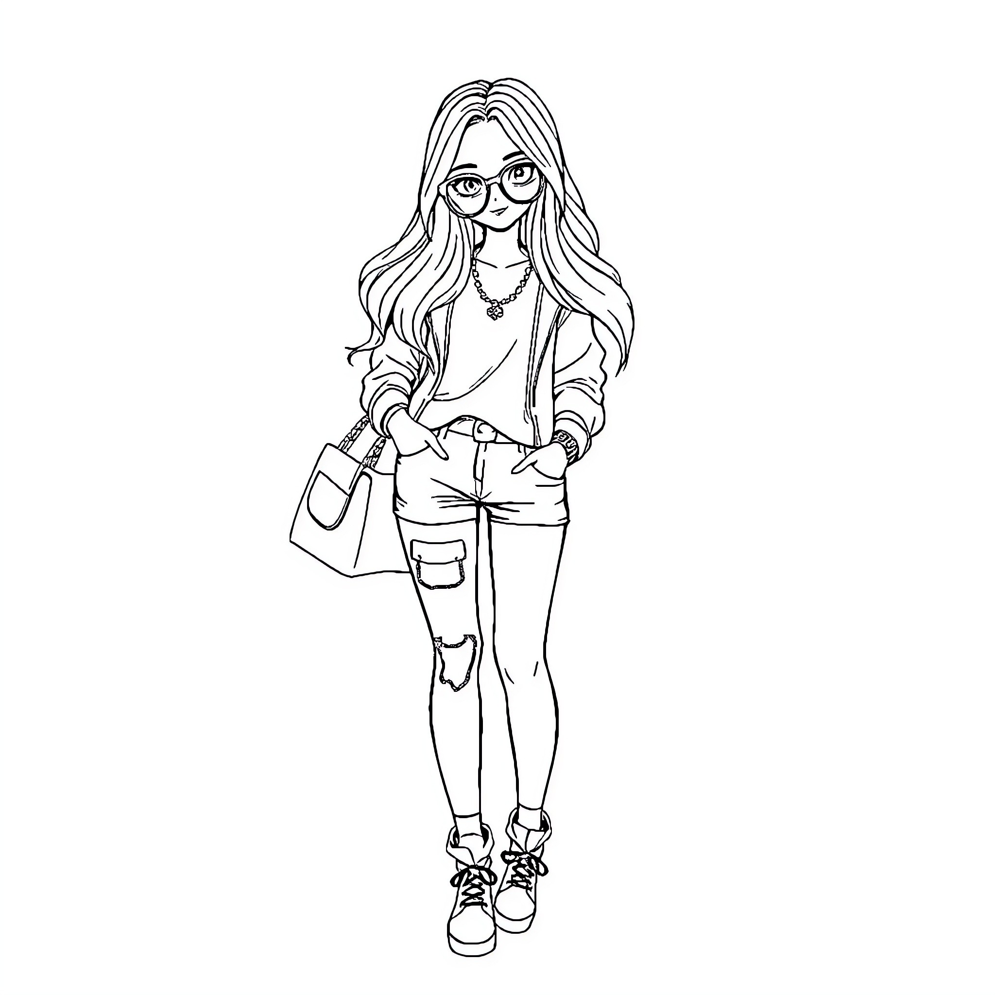 Outfit of a young woman with fashionable attire Coloring Page (free black-and-white line drawing printable PDF for all, from beginners to advanced learners, including children, teens, adults, and seniors)