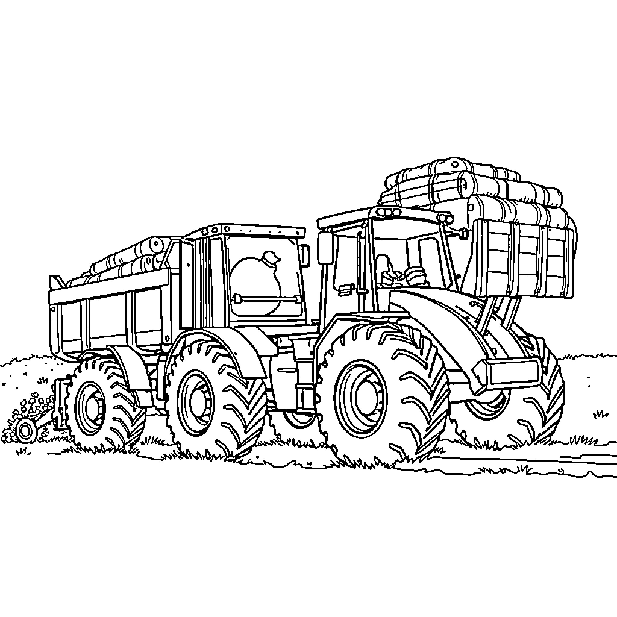 JCB Tractor Transporting Cargo on the Field Coloring Page (free black-and-white line drawing printable PDF for all, from beginners to advanced learners, including children, teens, adults, and seniors)