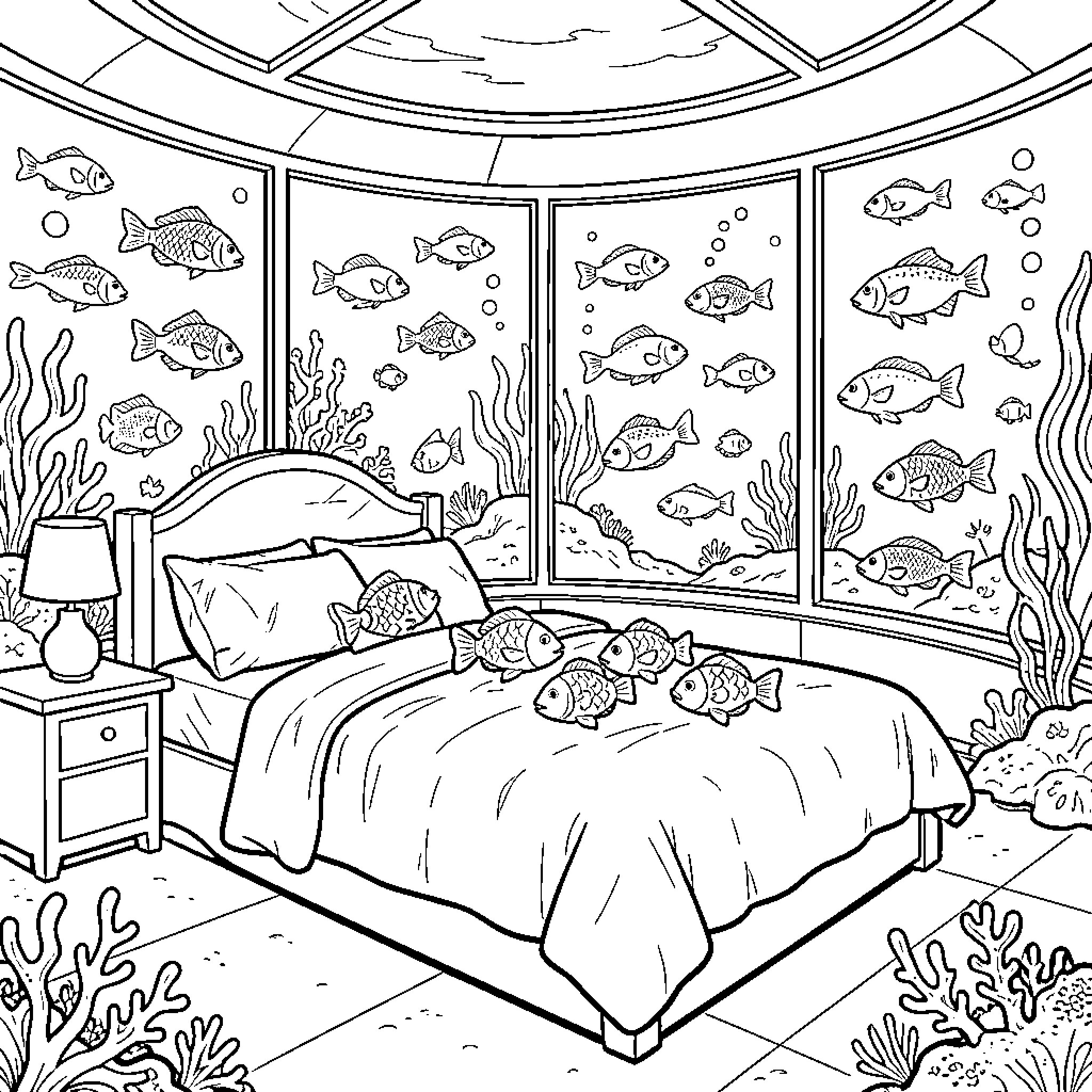 Bedroom with underwater aquarium window Coloring Page (free black-and-white line drawing printable PDF for all, from beginners to advanced learners, including children, teens, adults, and seniors)