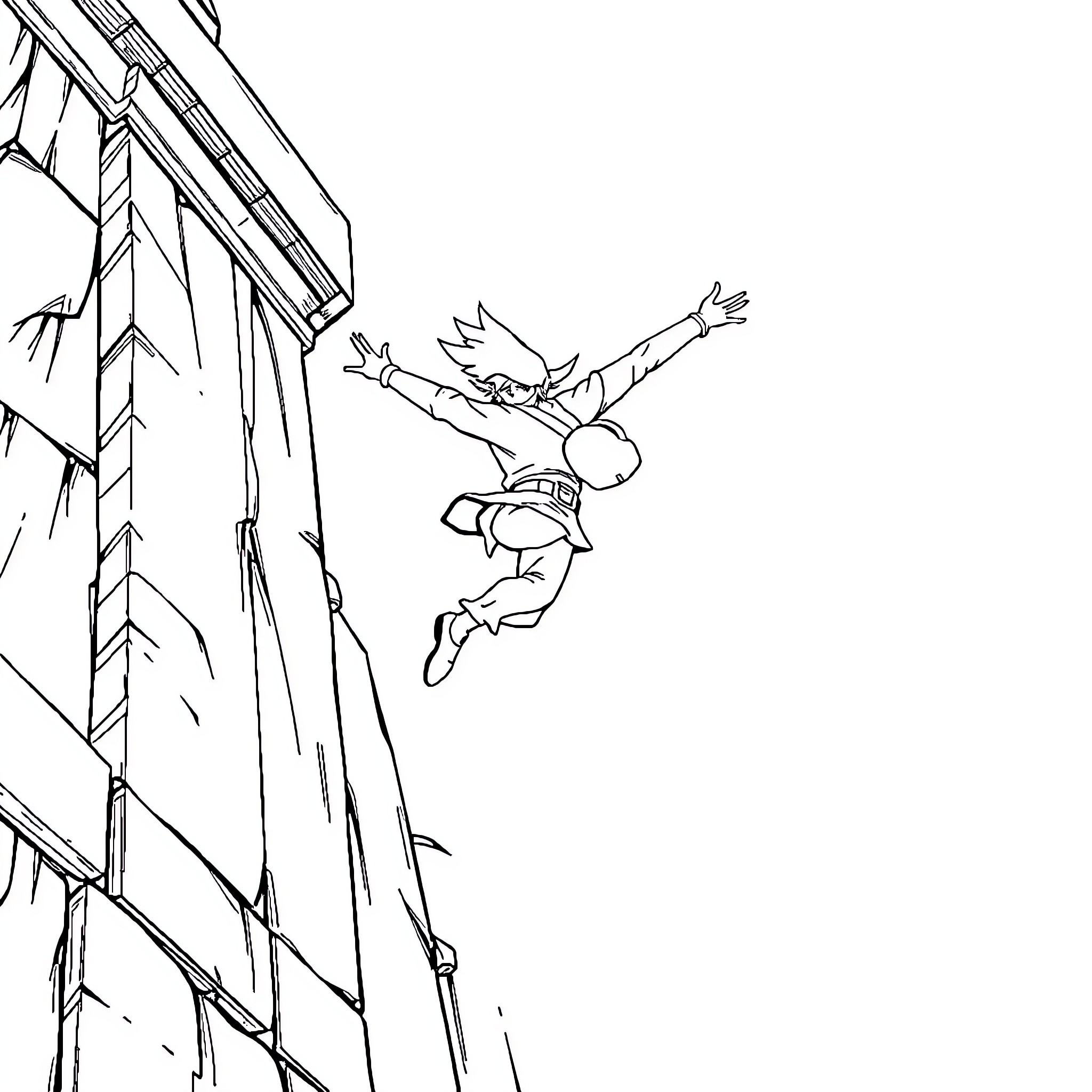 Link jumping heroically through the air Coloring Page (free black-and-white line drawing printable PDF for all, from beginners to advanced learners, including children, teens, adults, and seniors)