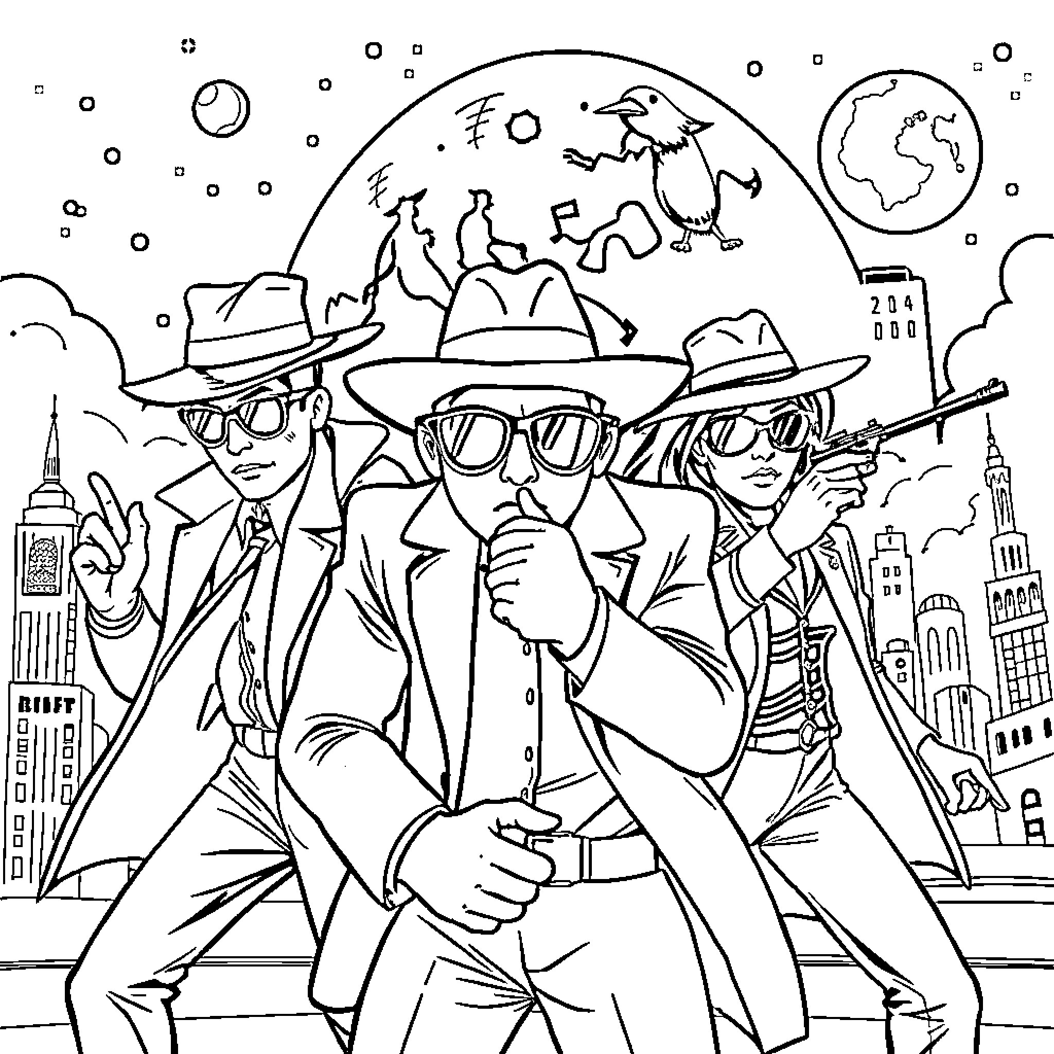 Spy trio on a covert mission in the city Coloring Page (free black-and-white line drawing printable PDF for all, from beginners to advanced learners, including children, teens, adults, and seniors)