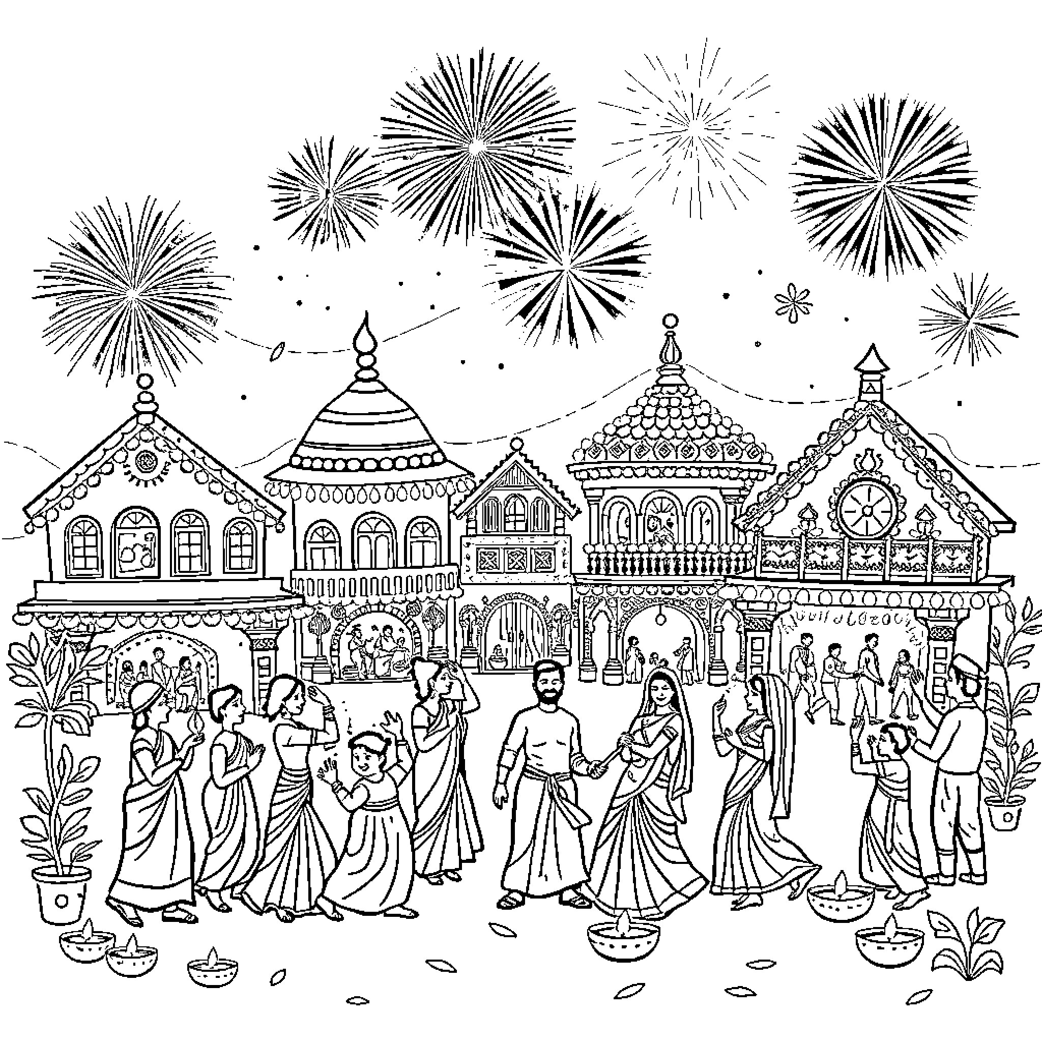 Diwali celebration with colorful fireworks and traditional dress Coloring Page (free black-and-white line drawing printable PDF for all, from beginners to advanced learners, including children, teens, adults, and seniors)