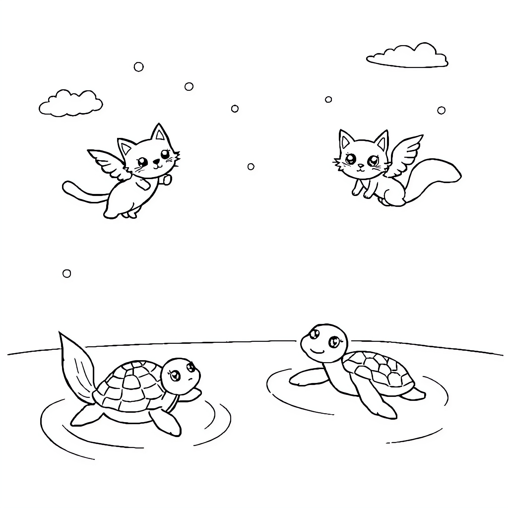 Animal friends exploring the skies and waters Coloring Page (free black-and-white line drawing printable PDF for all, from beginners to advanced learners, including children, teens, adults, and seniors)