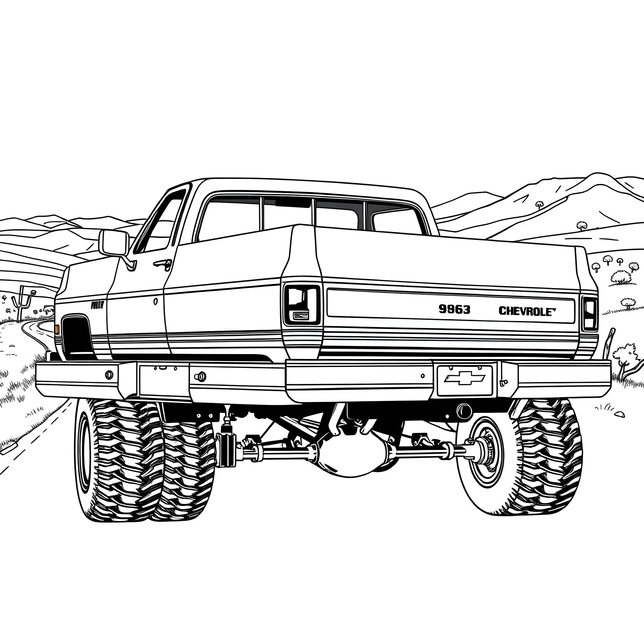 Chevy monster truck racing through the wilderness Coloring Page (free black-and-white line drawing printable PDF for all, from beginners to advanced learners, including children, teens, adults, and seniors)