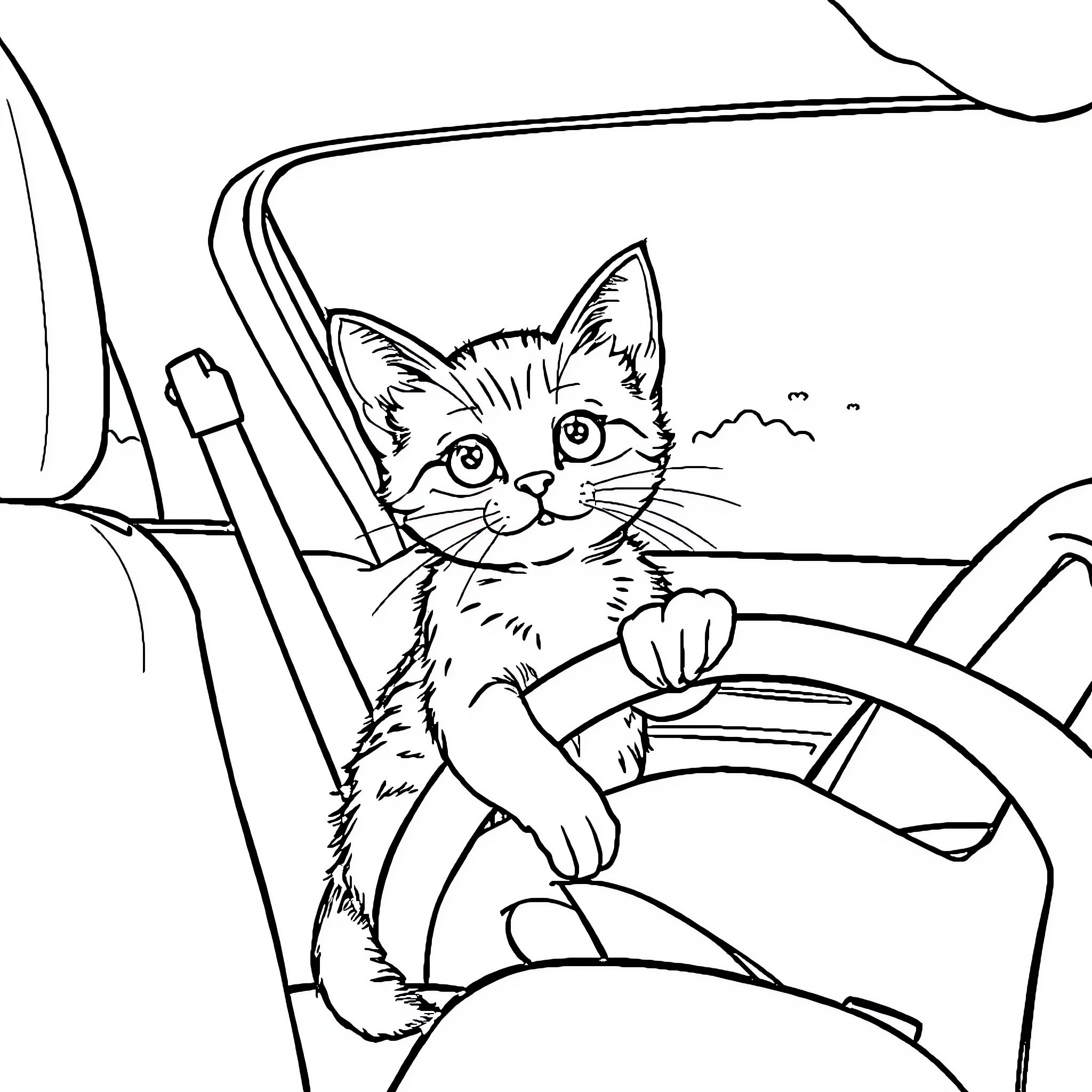 Chat with curious cat in car Coloring Page (free black-and-white line drawing printable PDF for all, from beginners to advanced learners, including children, teens, adults, and seniors)