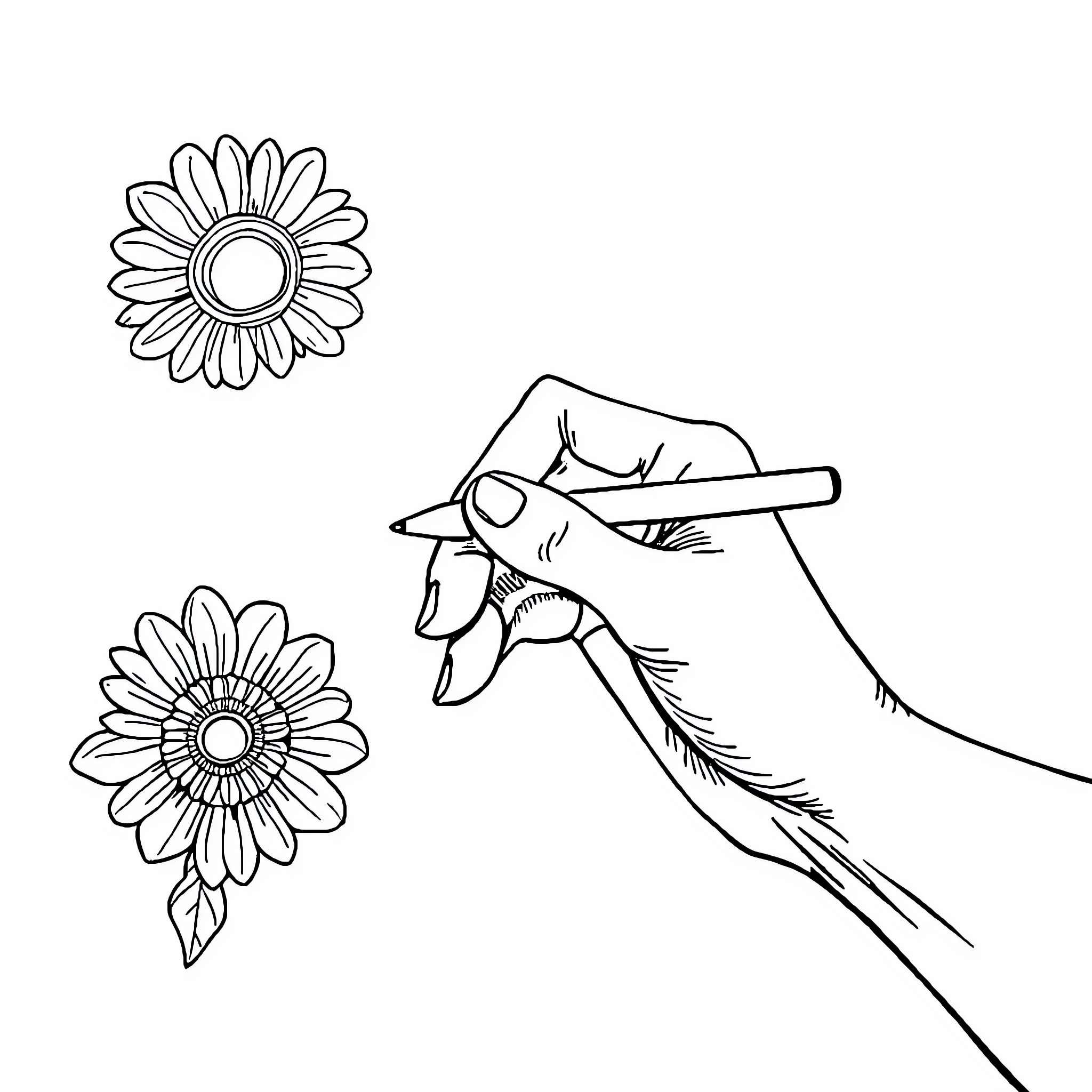Mano drawing creative floral designs Coloring Page (free black-and-white line drawing printable PDF for all, from beginners to advanced learners, including children, teens, adults, and seniors)
