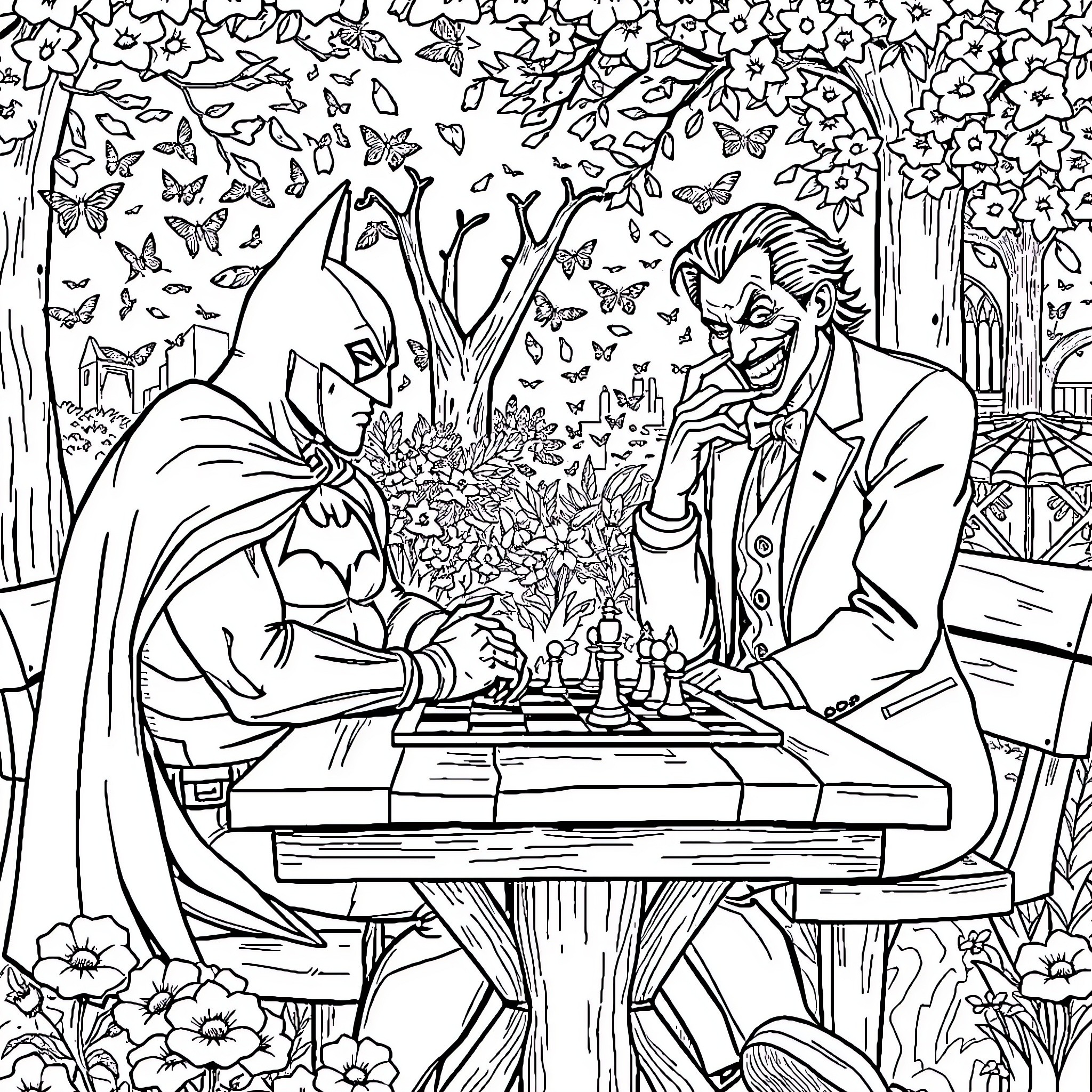 Batman and Joker playing chess in a whimsical forest Coloring Page (free black-and-white line drawing printable PDF for all, from beginners to advanced learners, including children, teens, adults, and seniors)