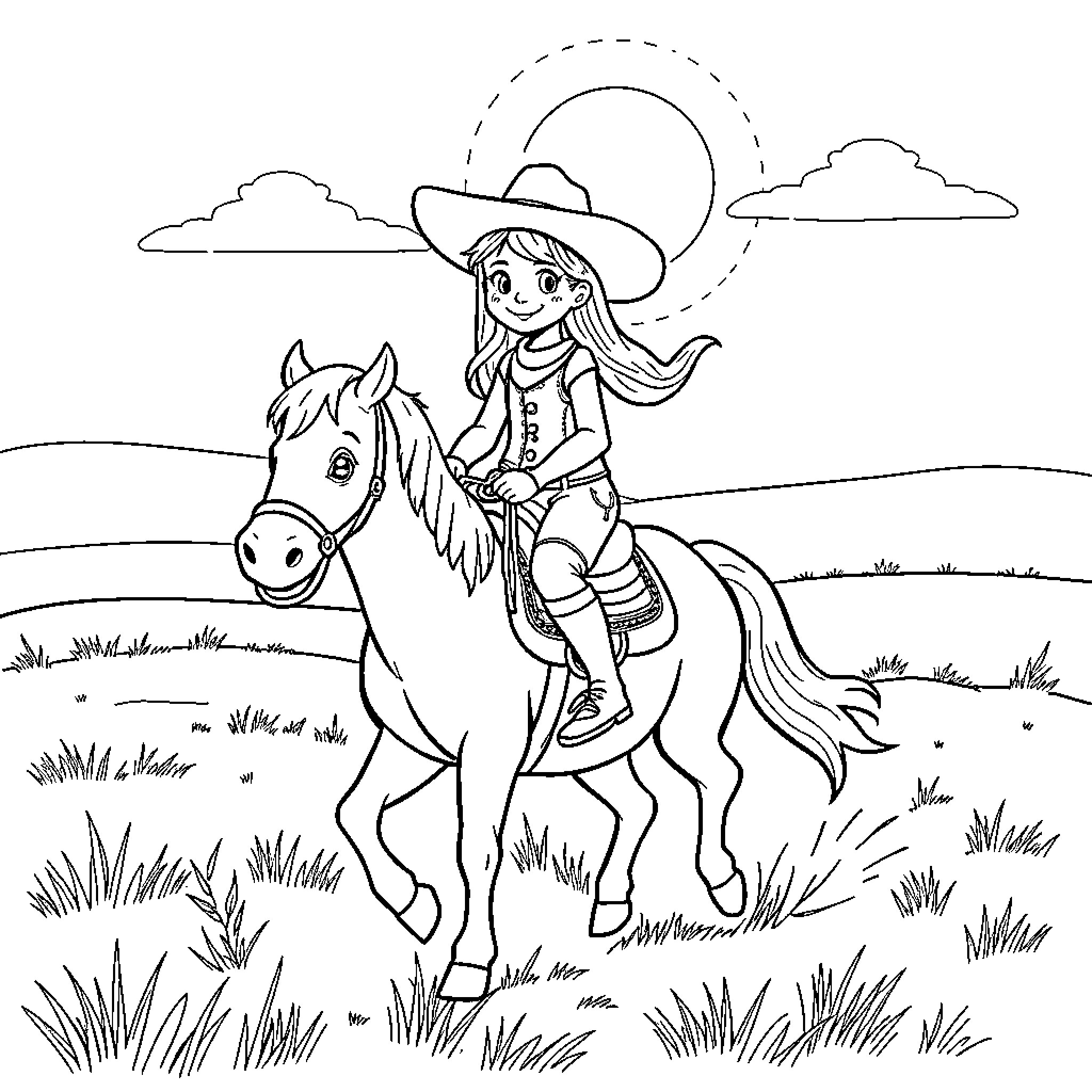 Cowgirl riding horse in the countryside Coloring Page (free black-and-white line drawing printable PDF for all, from beginners to advanced learners, including children, teens, adults, and seniors)