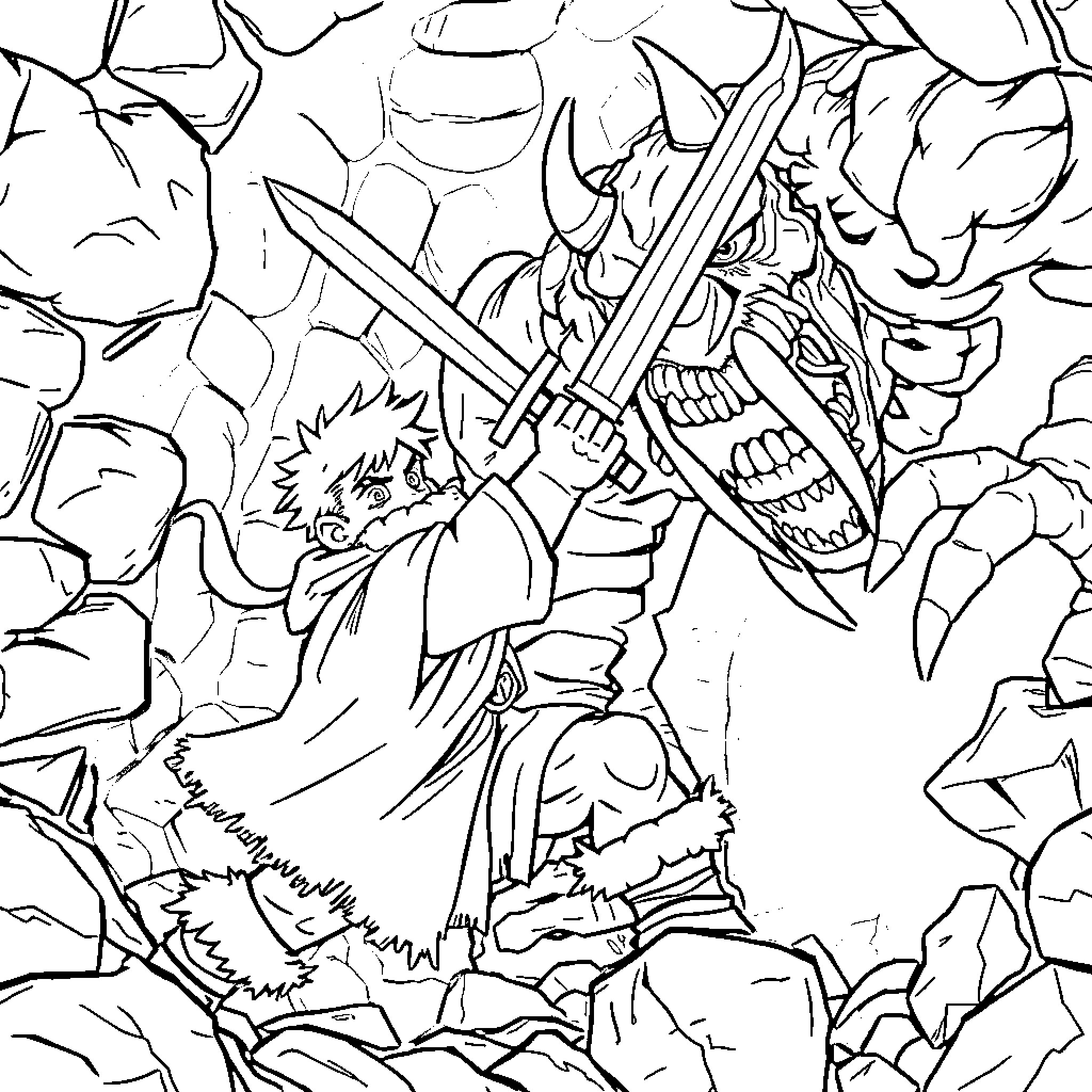 Carl's Courageous Clash with Colossal Creatures Coloring Page (free black-and-white line drawing printable PDF for all, from beginners to advanced learners, including children, teens, adults, and seniors)