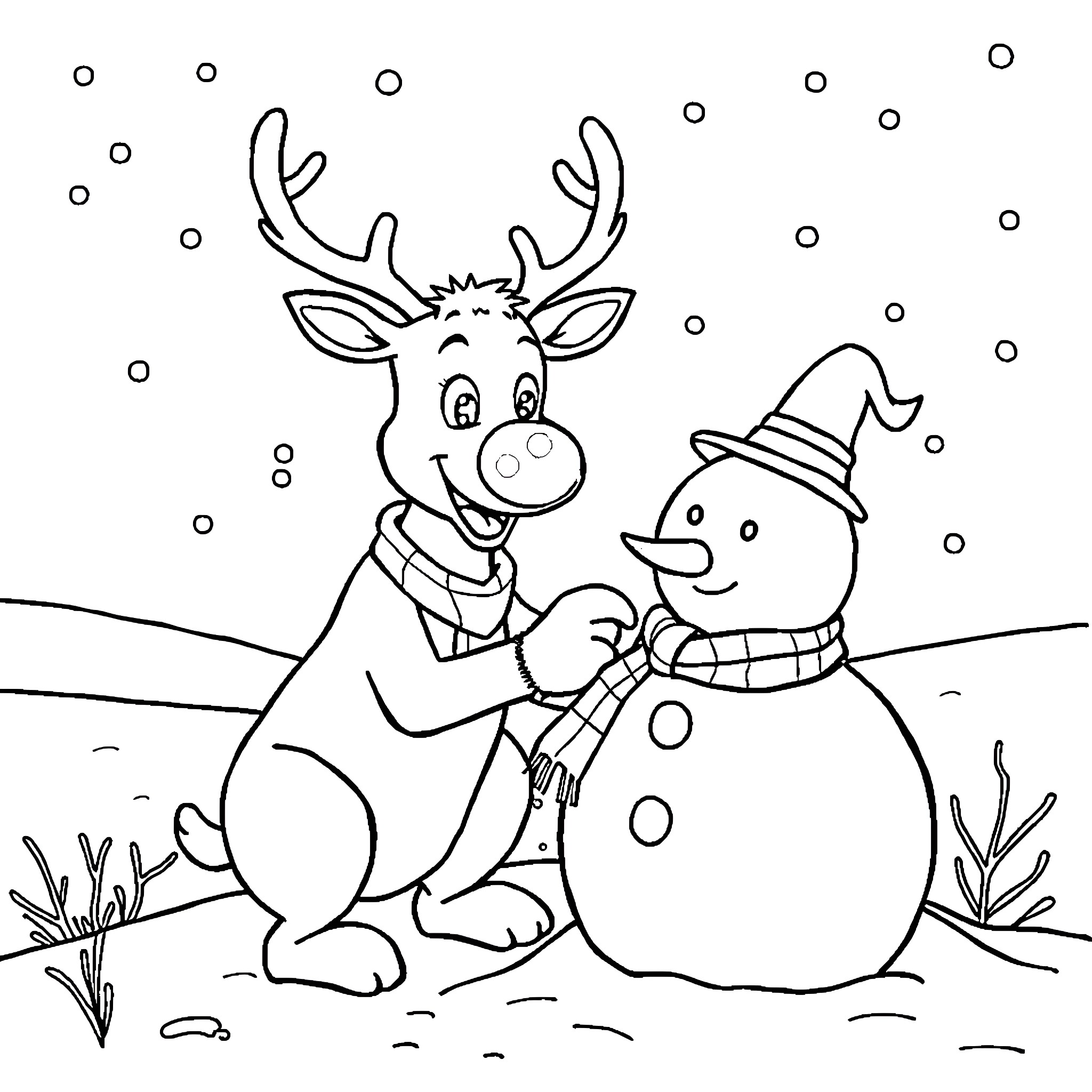Reindeer Enjoys Snowy Day with Friendly Snowman Coloring Page (free black-and-white line drawing printable PDF for all, from beginners to advanced learners, including children, teens, adults, and seniors)