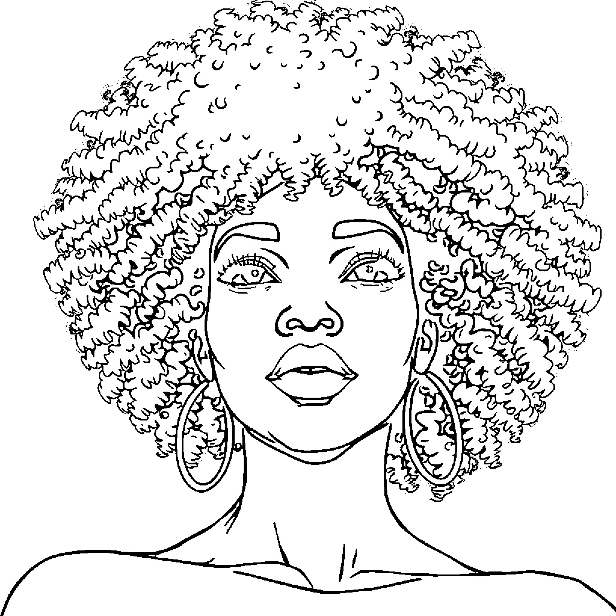 Woman with intricate curly hairstyle Coloring Page (free black-and-white line drawing printable PDF for all, from beginners to advanced learners, including children, teens, adults, and seniors)