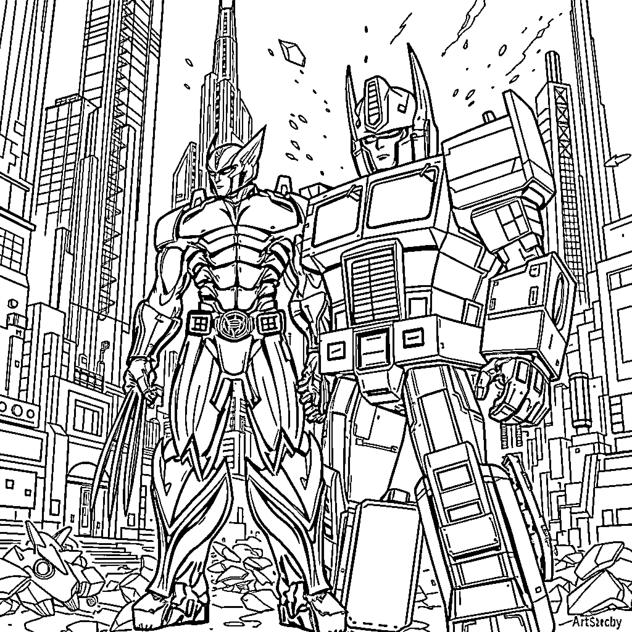 Wolverine and the Mighty Transformer in the Cityscape Coloring Page (free black-and-white line drawing printable PDF for all, from beginners to advanced learners, including children, teens, adults, and seniors)