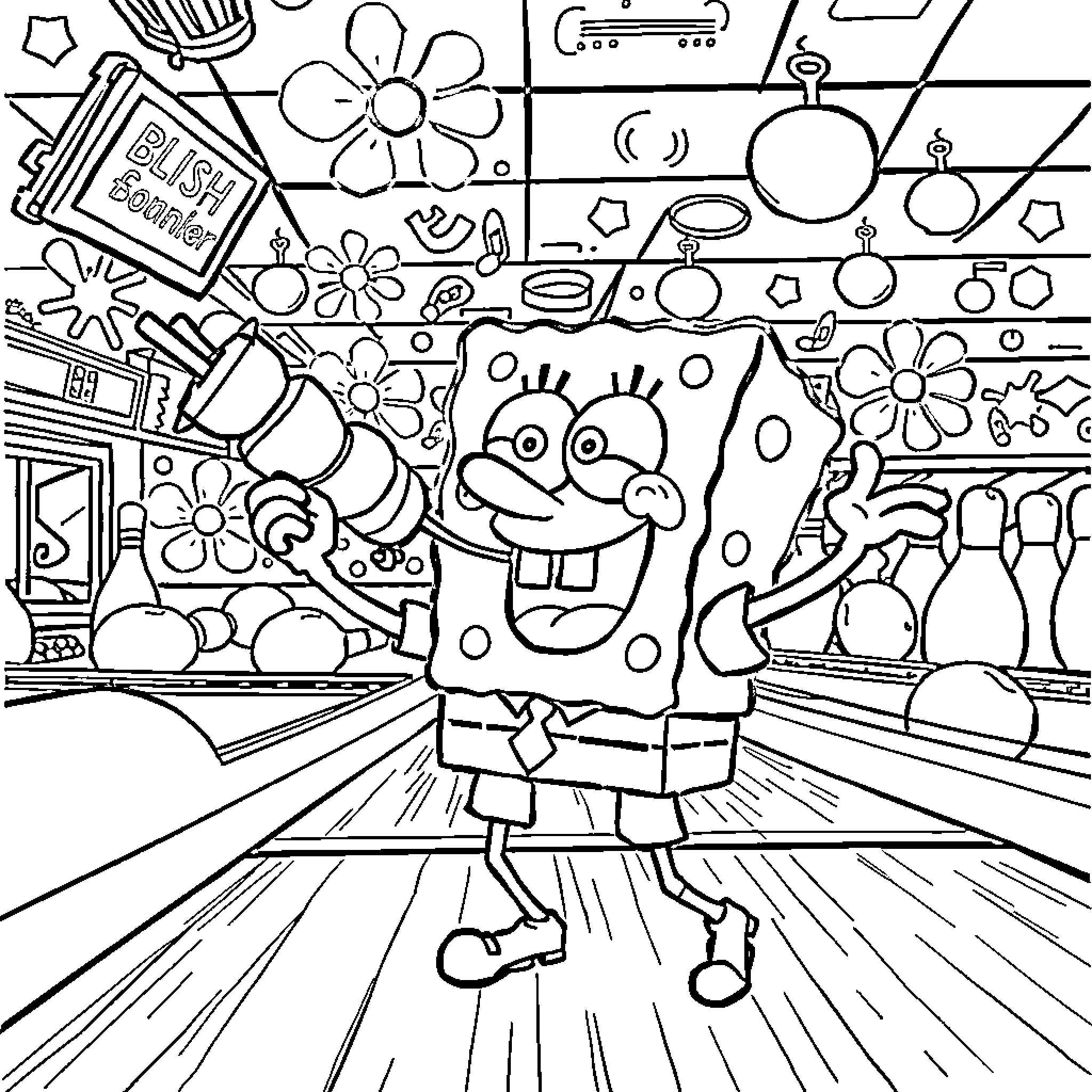 Spongebob's Crazy Adventure with Fun Scenes Coloring Page (free black-and-white line drawing printable PDF for all, from beginners to advanced learners, including children, teens, adults, and seniors)