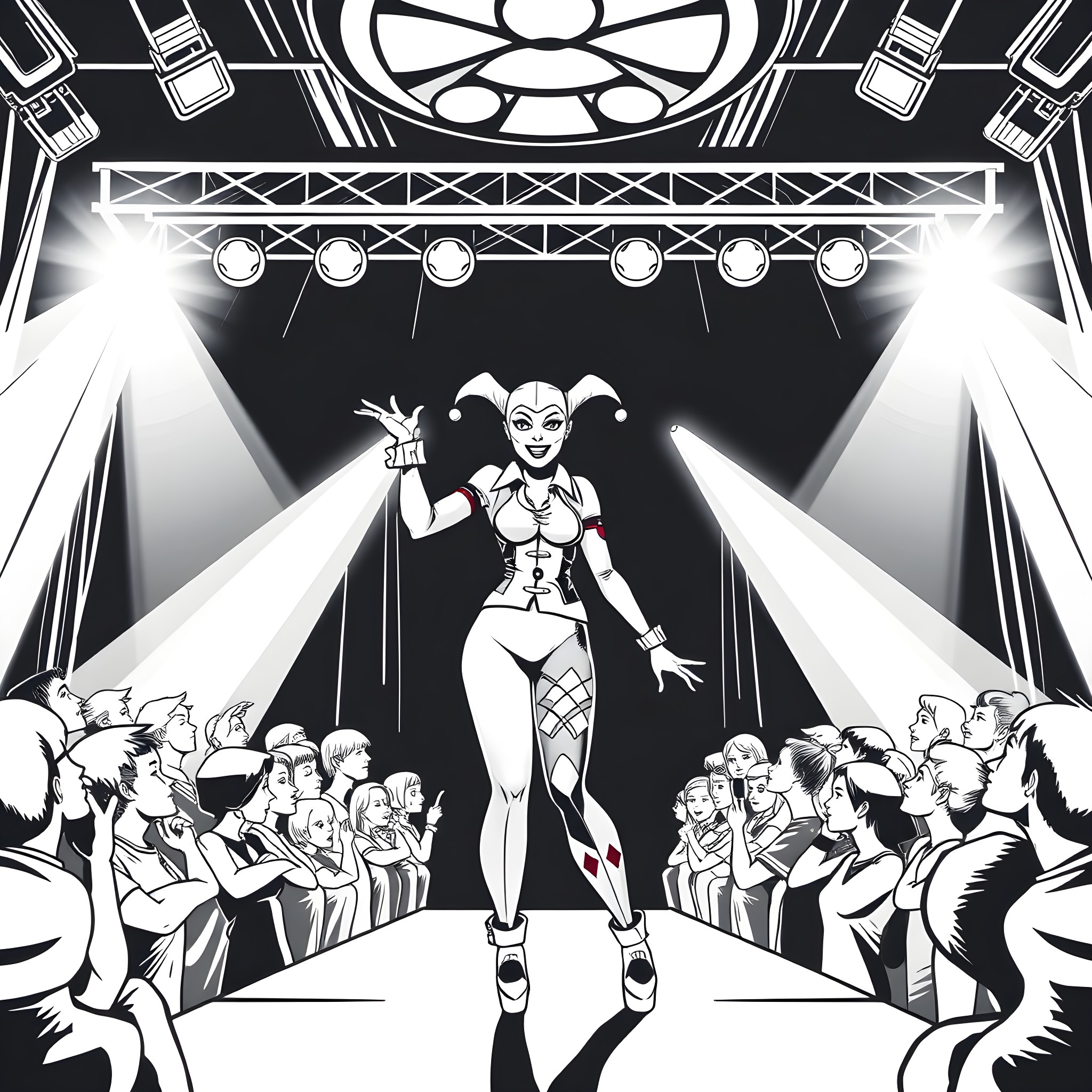 Harley Quinn's theatrical performance on stage Coloring Page (free black-and-white line drawing printable PDF for all, from beginners to advanced learners, including children, teens, adults, and seniors)