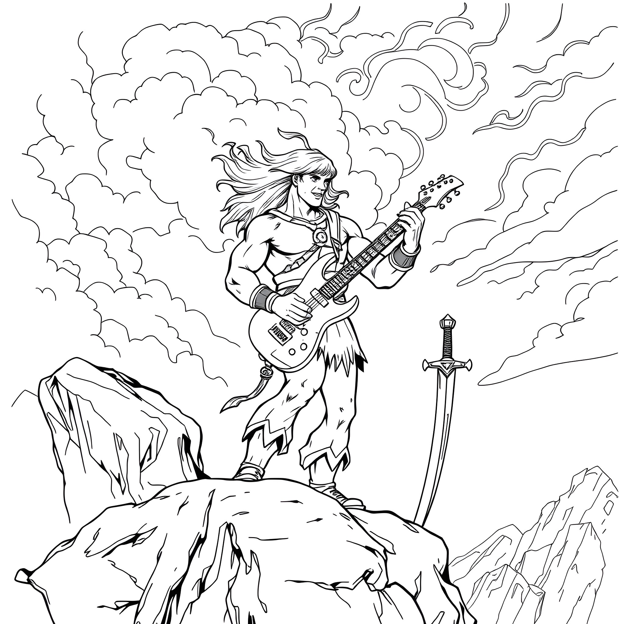 He-Man rocking out with his guitar amidst the clouds Coloring Page (free black-and-white line drawing printable PDF for all, from beginners to advanced learners, including children, teens, adults, and seniors)