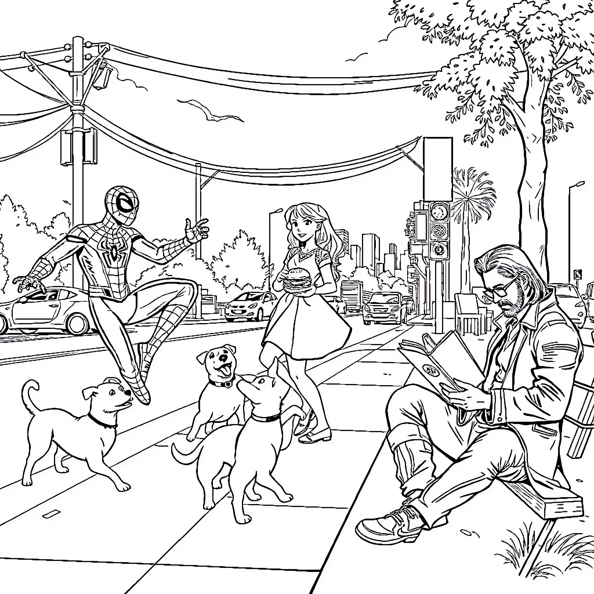 Spiderman encounters diverse characters in an urban park scene Coloring Page (free black-and-white line drawing printable PDF for all, from beginners to advanced learners, including children, teens, adults, and seniors)