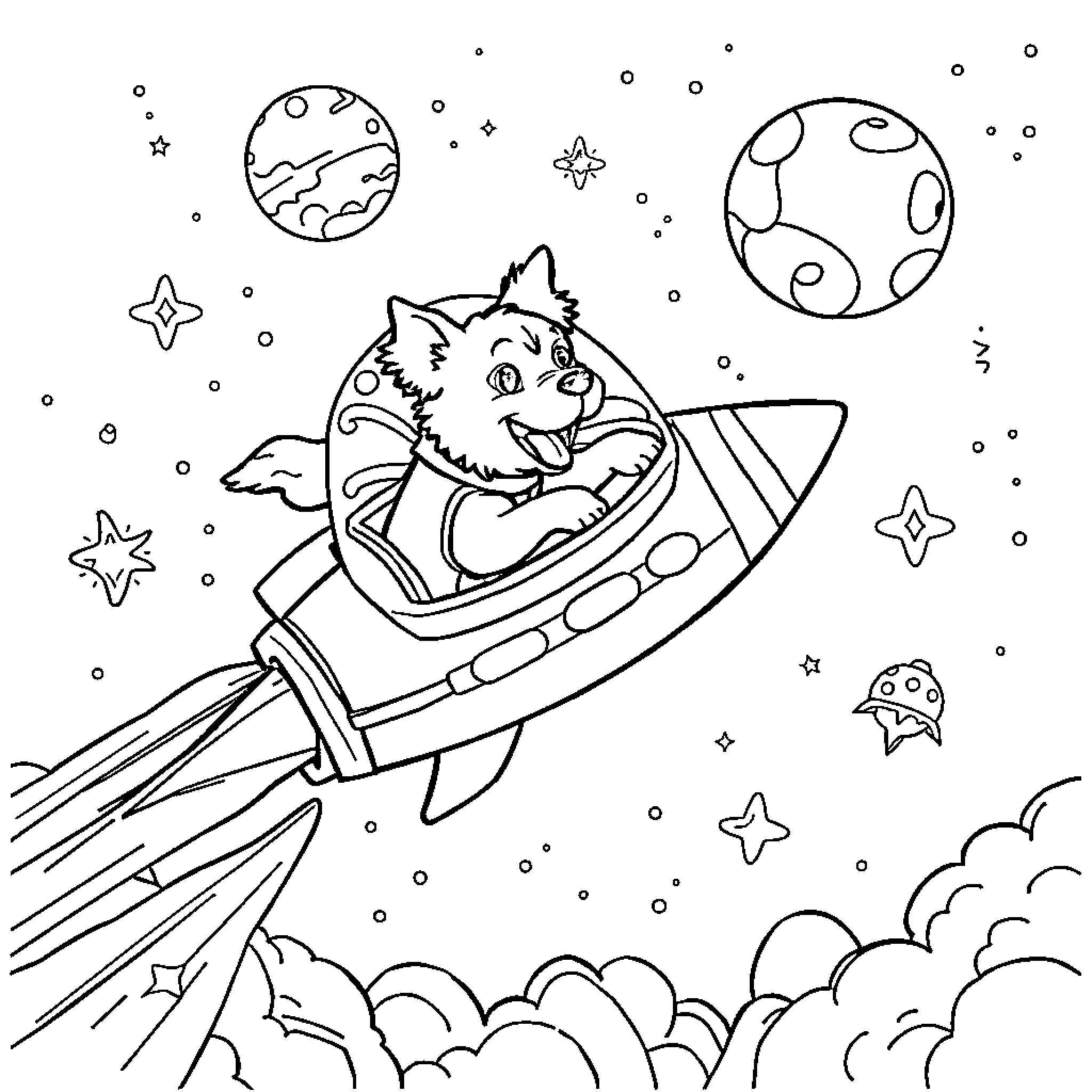 Dog Riding Rocket Ship Through Outer Space Coloring Page (free black-and-white line drawing printable PDF for all, from beginners to advanced learners, including children, teens, adults, and seniors)