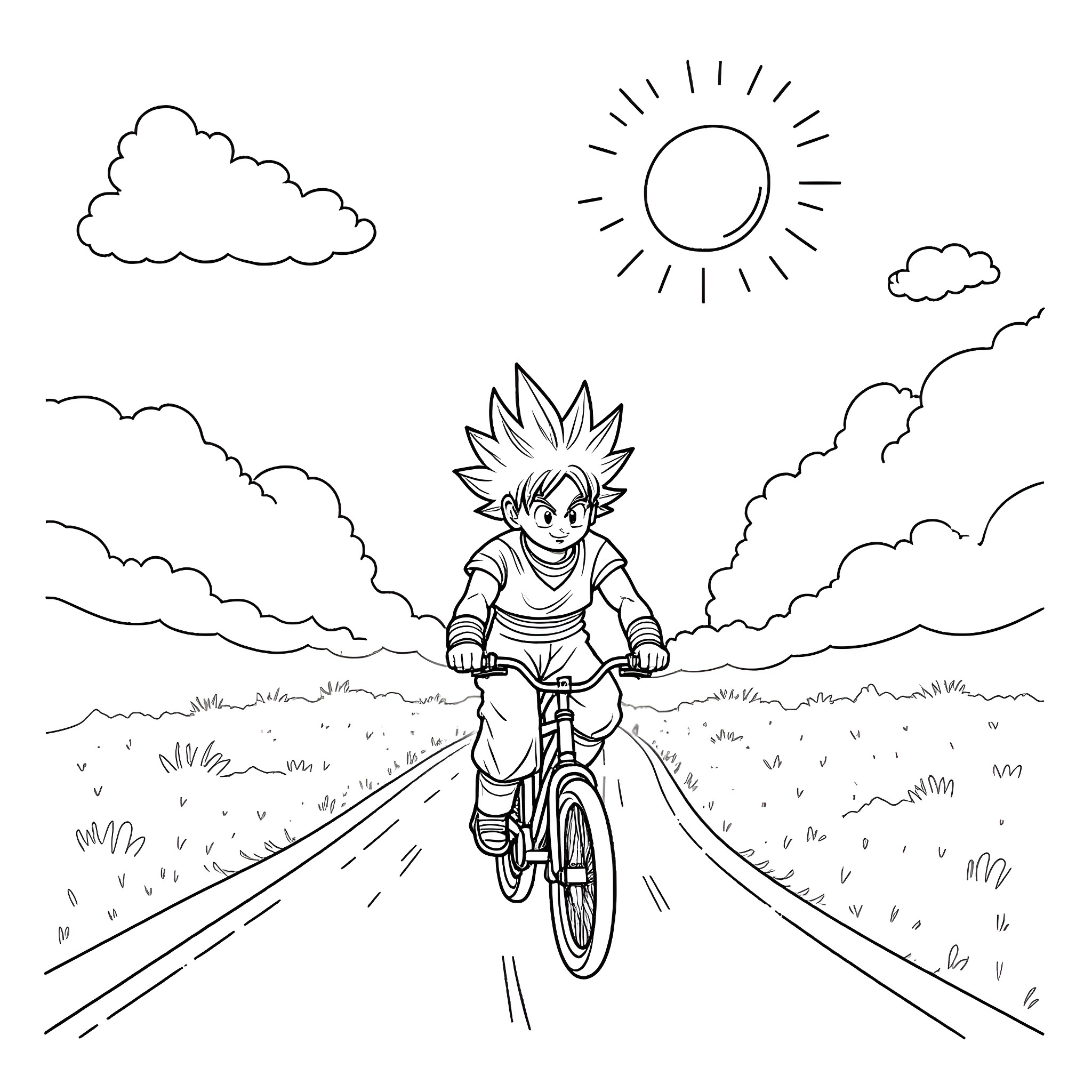 Goku rides a bicycle through a scenic countryside Coloring Page (free black-and-white line drawing printable PDF for all, from beginners to advanced learners, including children, teens, adults, and seniors)