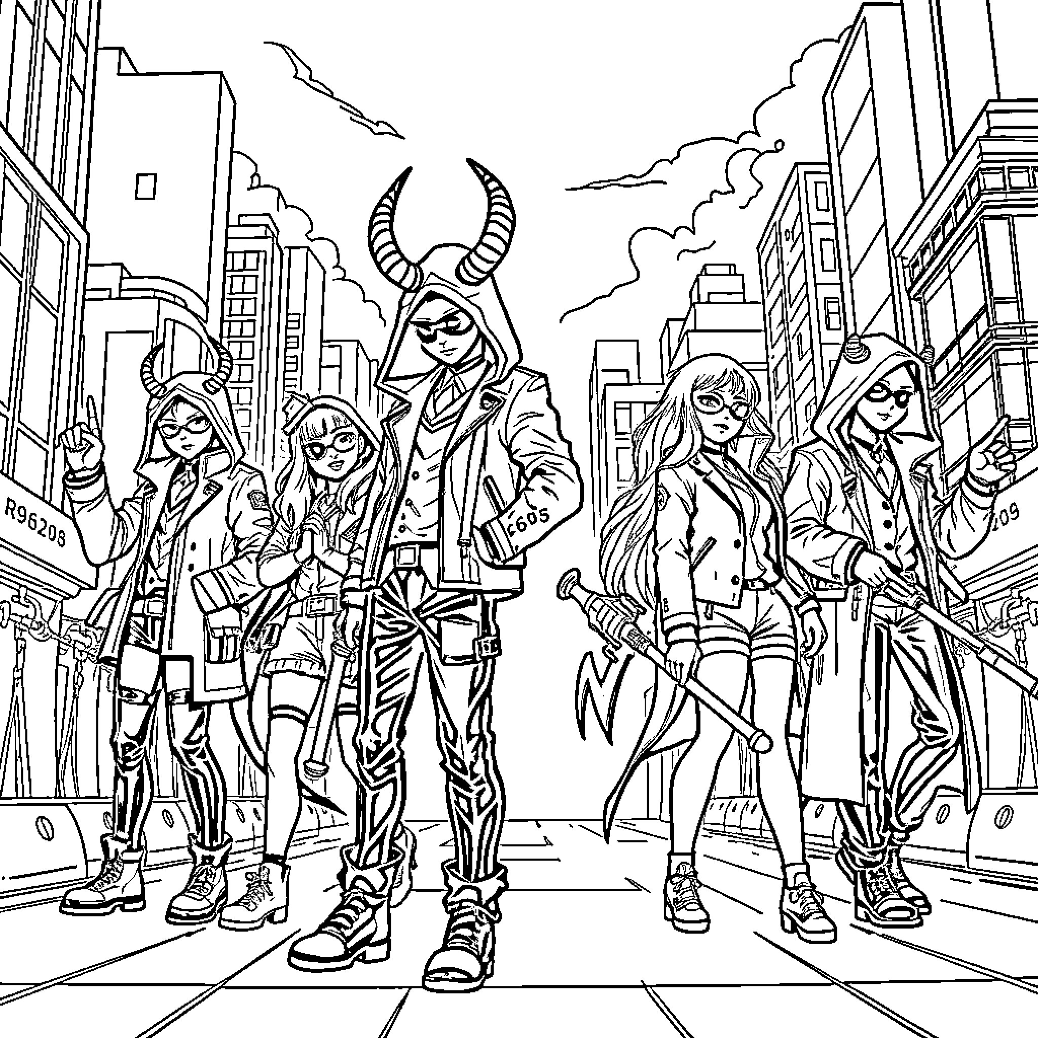 Demon Hunters Battling Evil in the City Coloring Page (free black-and-white line drawing printable PDF for all, from beginners to advanced learners, including children, teens, adults, and seniors)