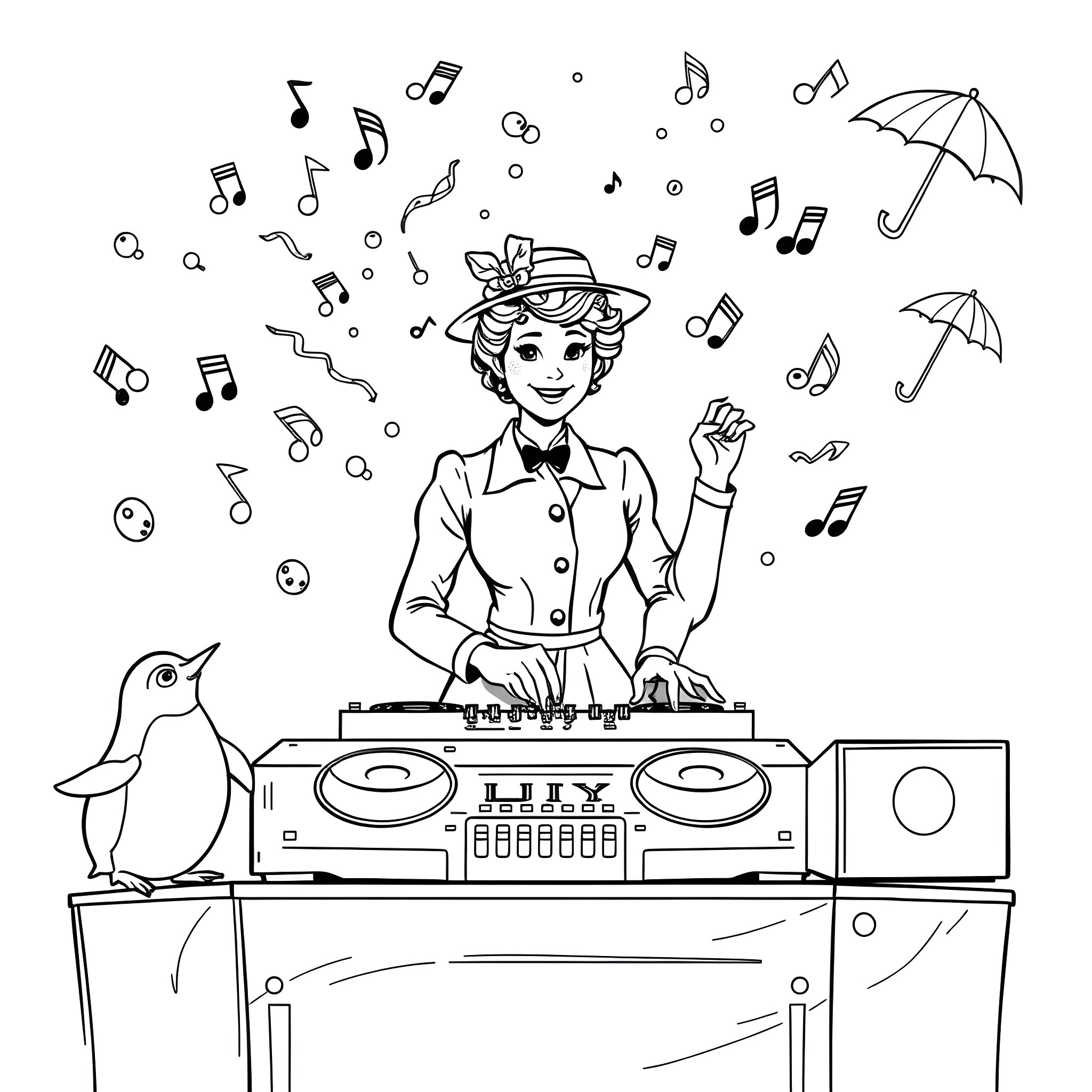 Mary Poppins enjoys music and magic with umbrellas Coloring Page (free black-and-white line drawing printable PDF for all, from beginners to advanced learners, including children, teens, adults, and seniors)
