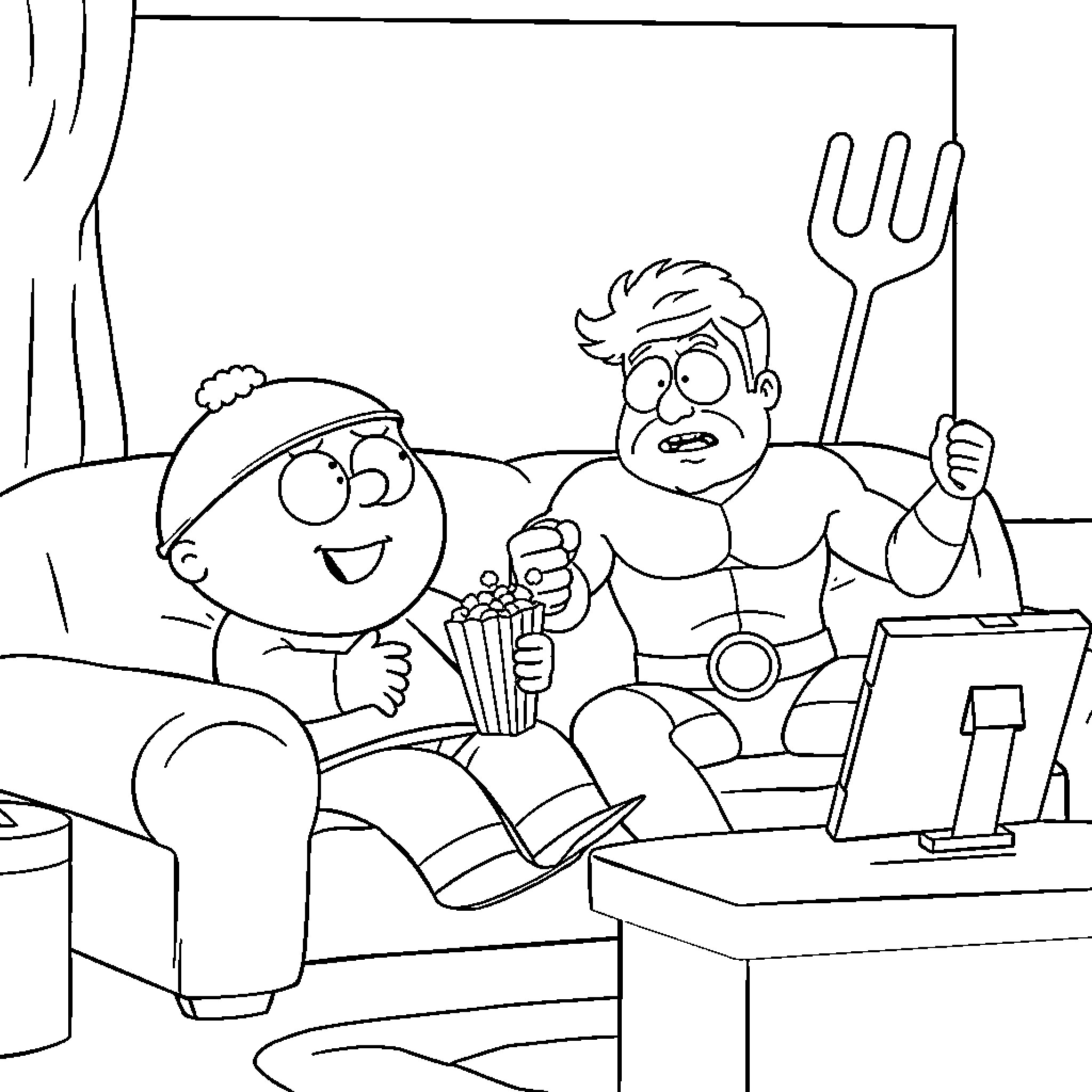 Cartman and Muscle Man Enjoy Movie Night Coloring Page (free black-and-white line drawing printable PDF for all, from beginners to advanced learners, including children, teens, adults, and seniors)