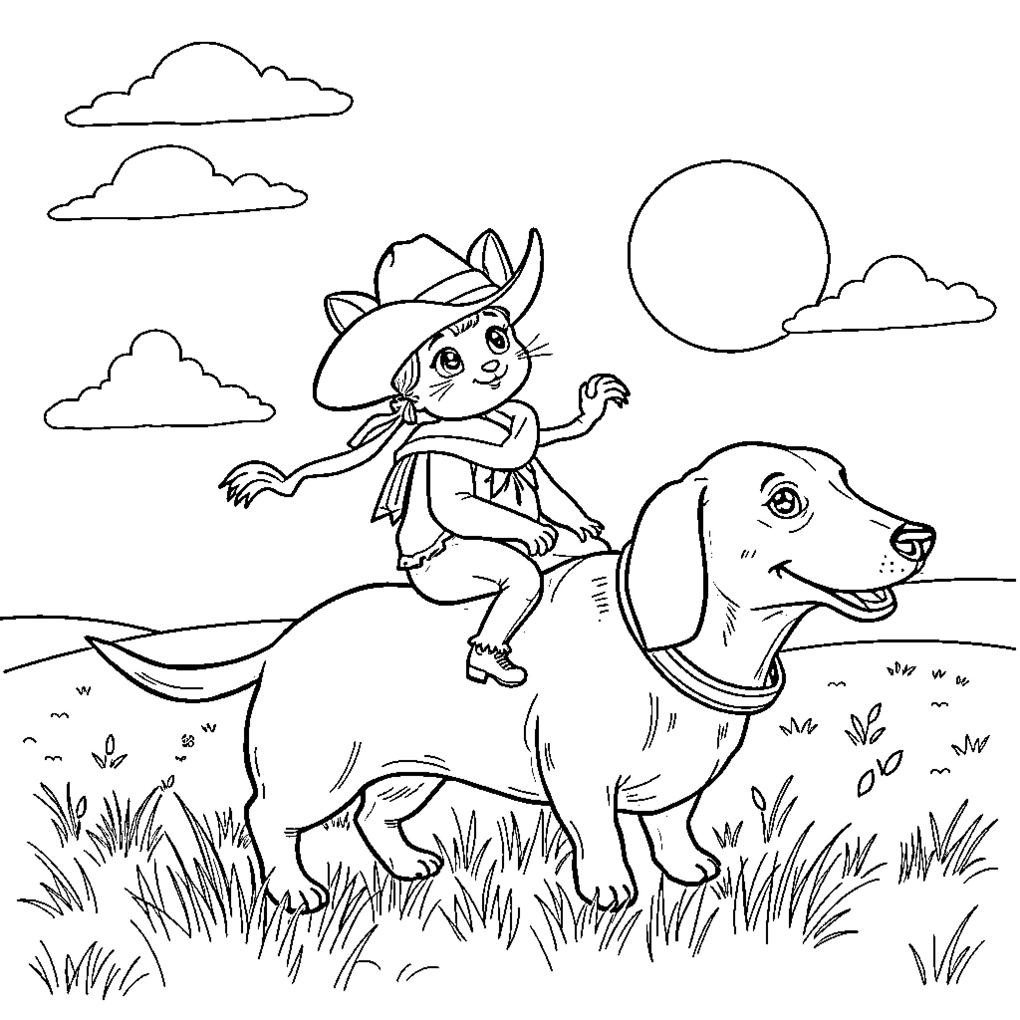 Cowgirl riding a dog through the countryside Coloring Page (free black-and-white line drawing printable PDF for all, from beginners to advanced learners, including children, teens, adults, and seniors)