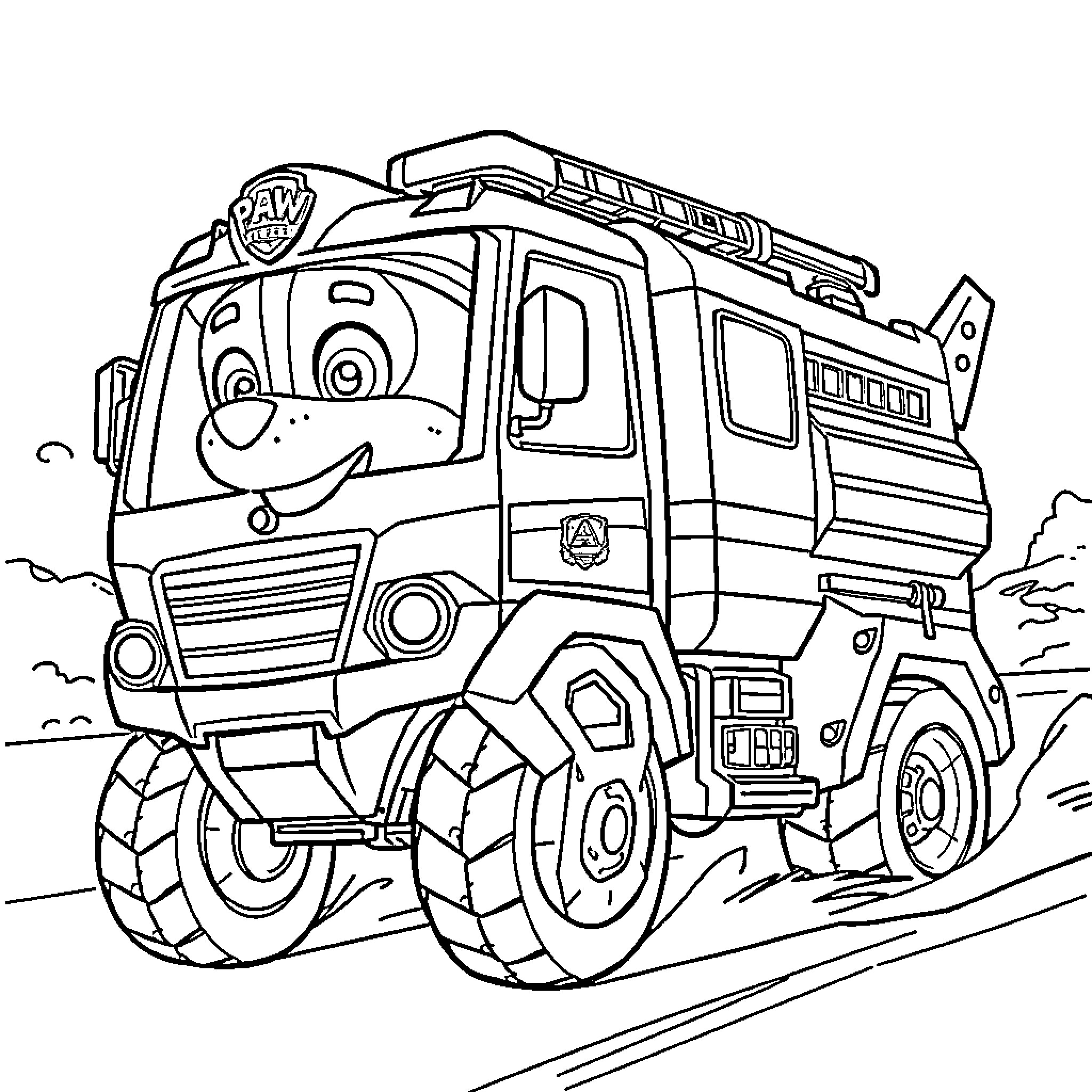Marshall's Rescue Truck on a Mission Coloring Page (free black-and-white line drawing printable PDF for all, from beginners to advanced learners, including children, teens, adults, and seniors)