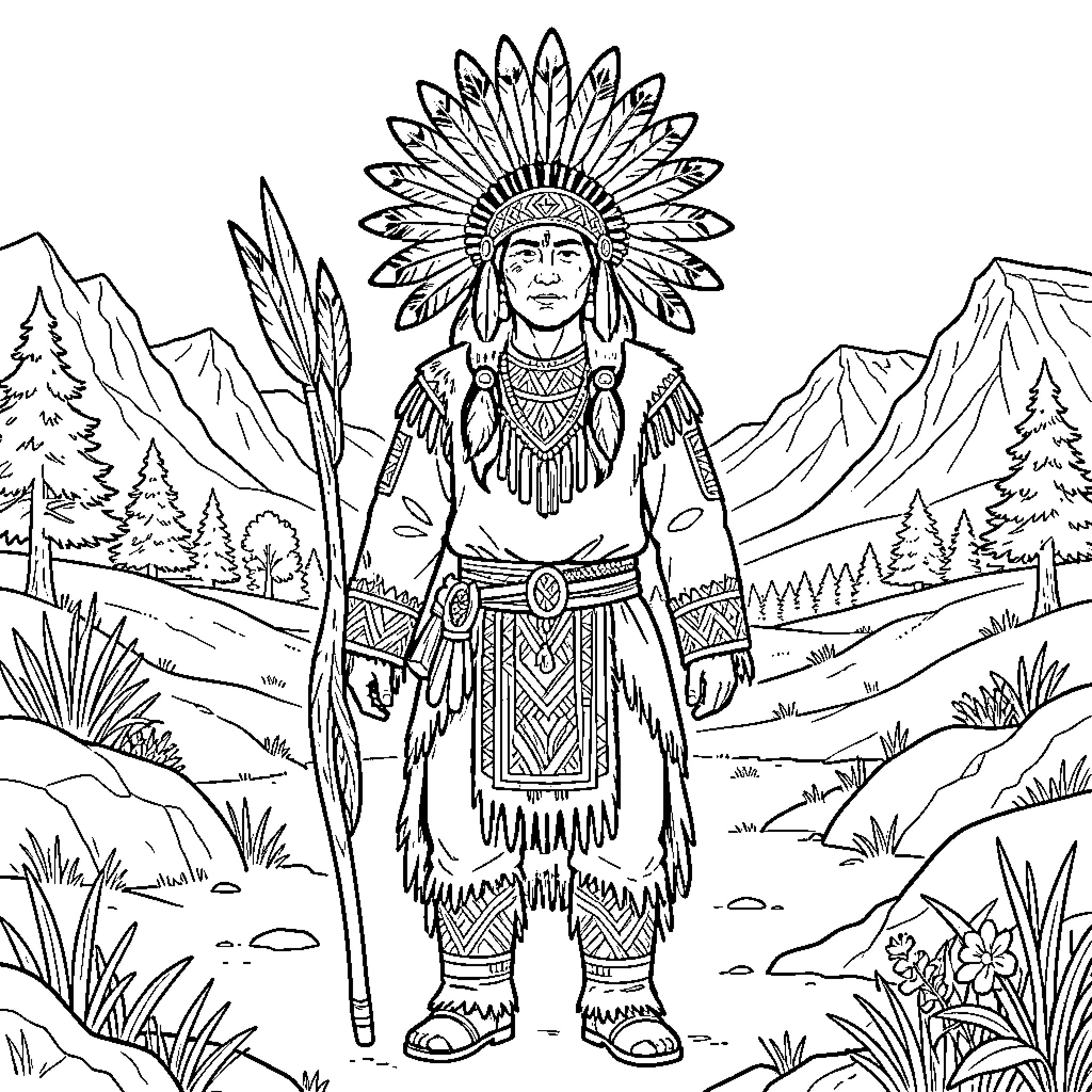 Sioux Warrior Standing Tall in Mountainous Landscape Coloring Page (free black-and-white line drawing printable PDF for all, from beginners to advanced learners, including children, teens, adults, and seniors)