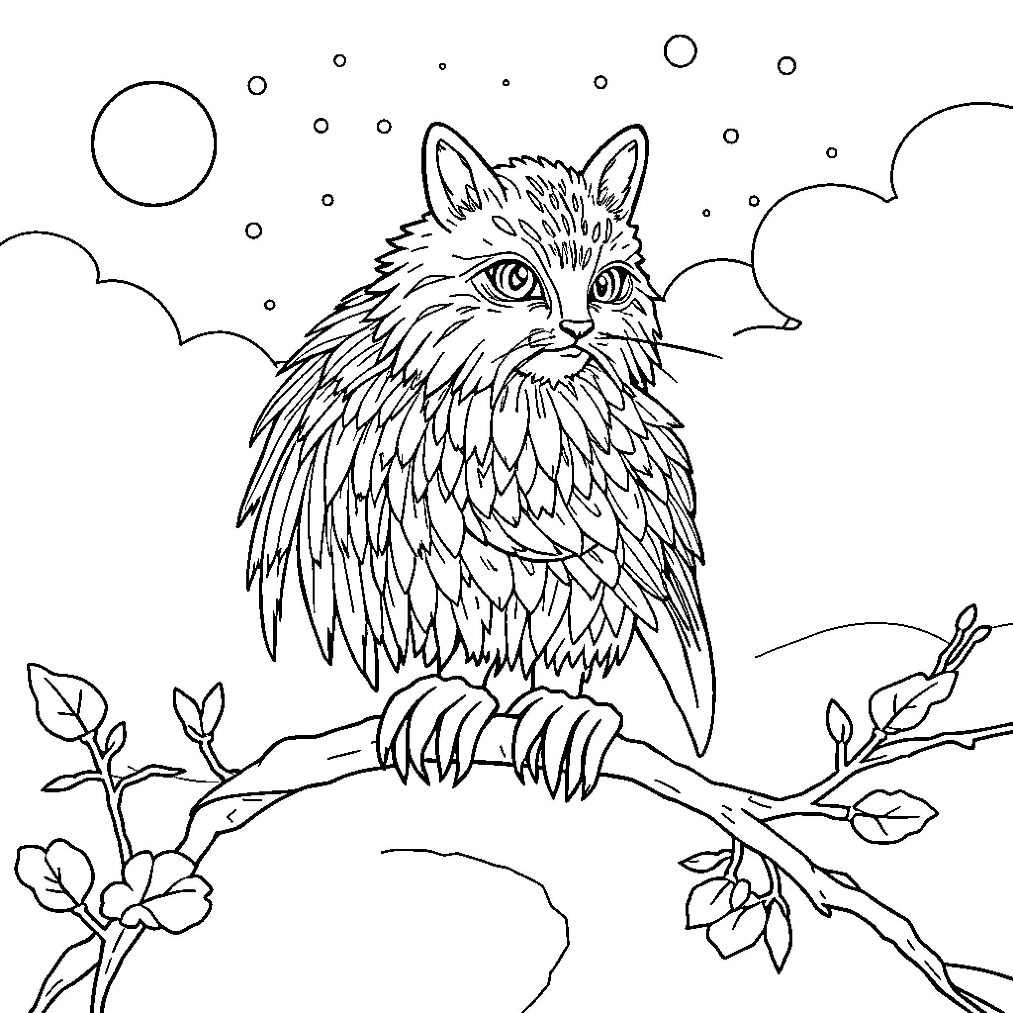 Mandalas with a fluffy feline creature Coloring Page (free black-and-white line drawing printable PDF for all, from beginners to advanced learners, including children, teens, adults, and seniors)