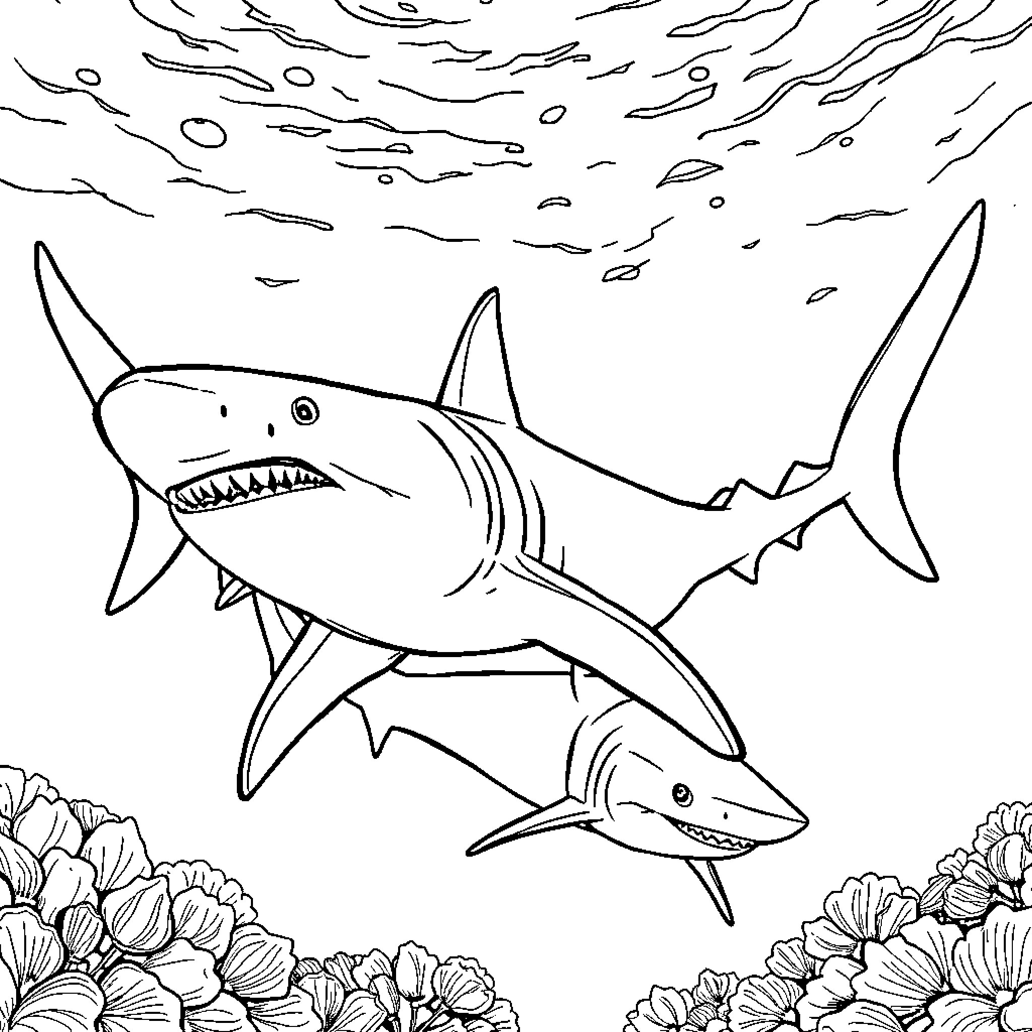 Shark hunting in the deep sea Coloring Page (free black-and-white line drawing printable PDF for all, from beginners to advanced learners, including children, teens, adults, and seniors)