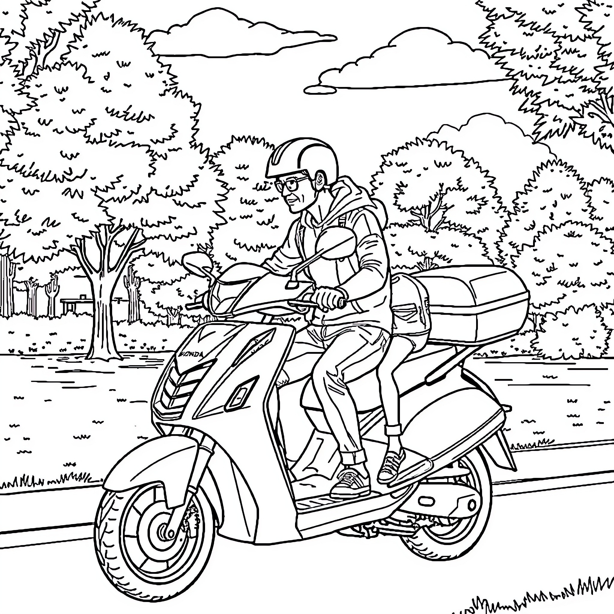 Scooter rider navigating through scenic landscape Coloring Page (free black-and-white line drawing printable PDF for all, from beginners to advanced learners, including children, teens, adults, and seniors)