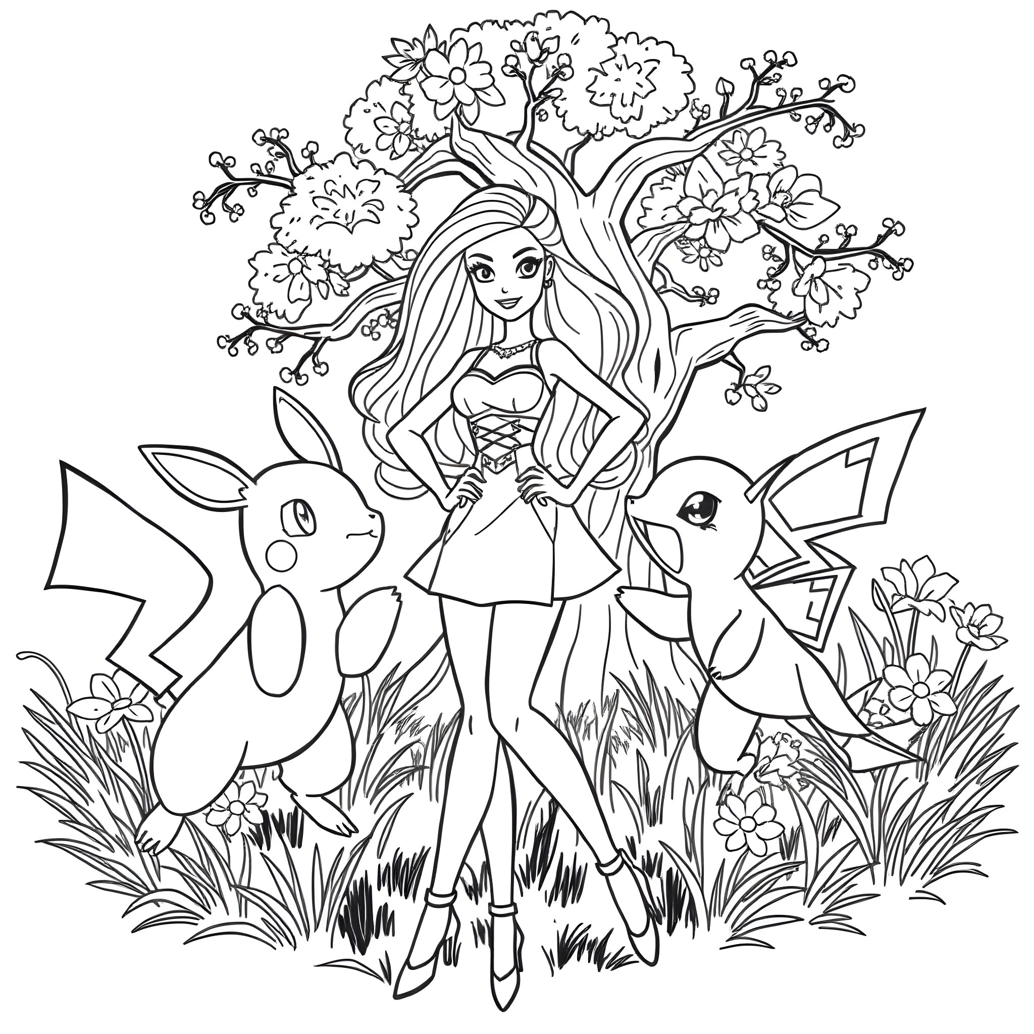 Barbie exploring nature with Pokemon friends Coloring Page (free black-and-white line drawing printable PDF for all, from beginners to advanced learners, including children, teens, adults, and seniors)