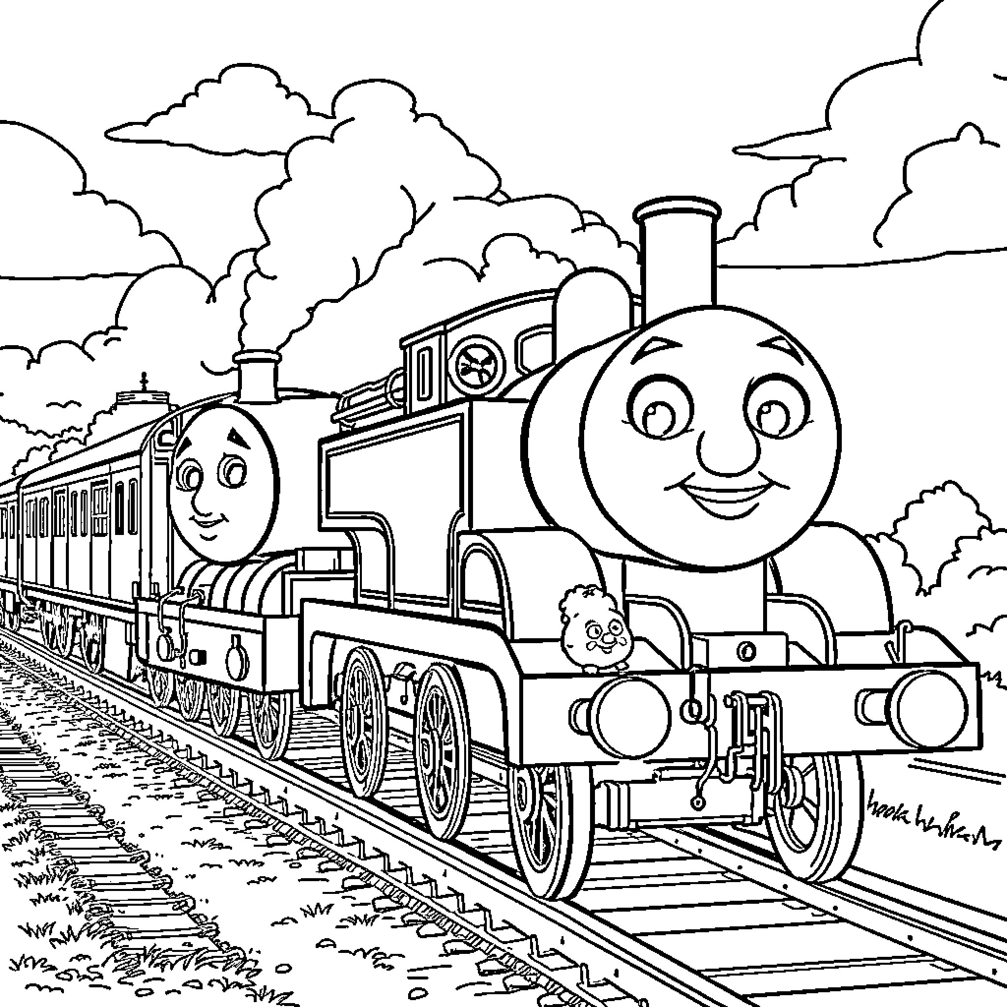 Thomas and his happy locomotive friends on the track Coloring Page (free black-and-white line drawing printable PDF for all, from beginners to advanced learners, including children, teens, adults, and seniors)