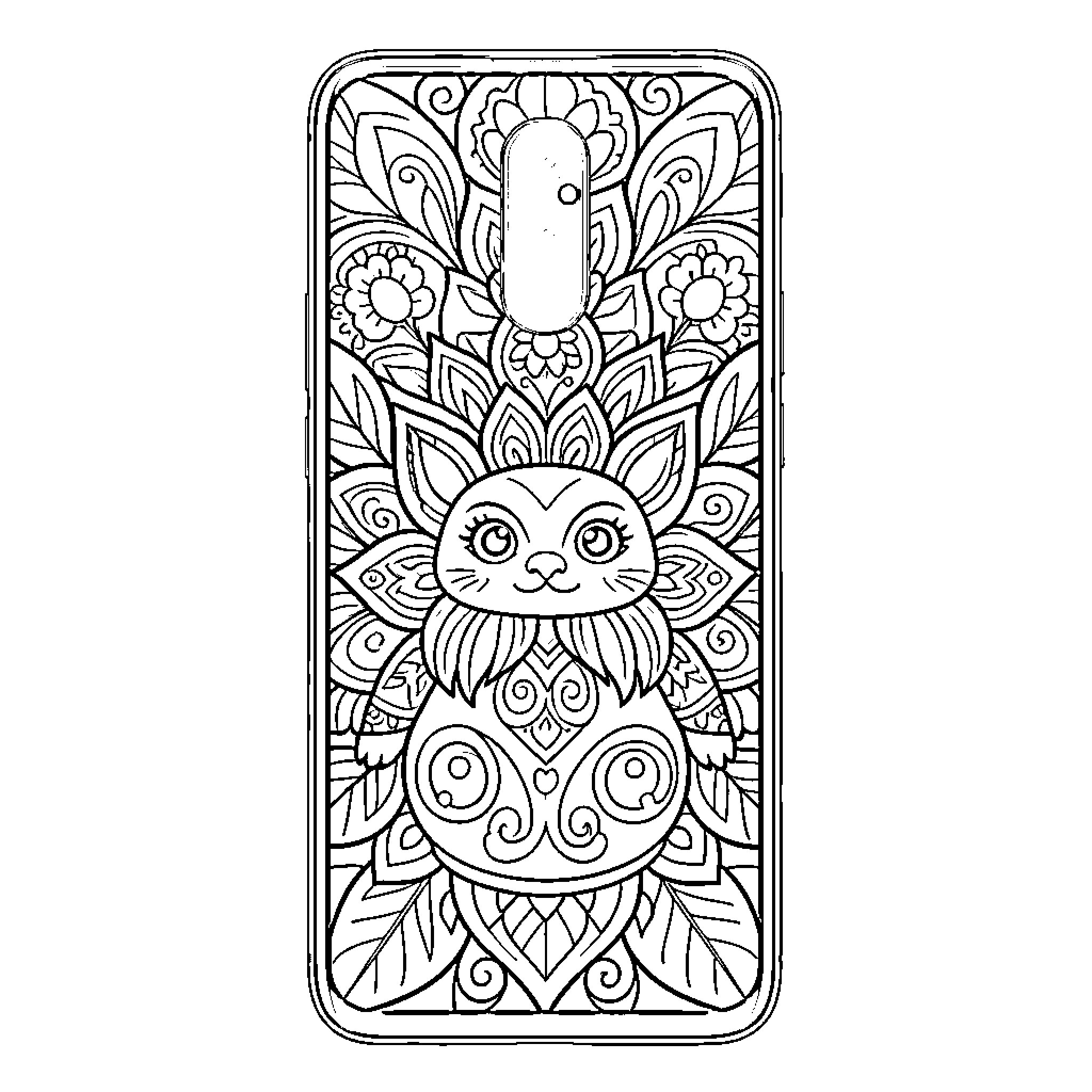 Choso Decorative Floral Pattern with Creature Coloring Page (free black-and-white line drawing printable PDF for all, from beginners to advanced learners, including children, teens, adults, and seniors)