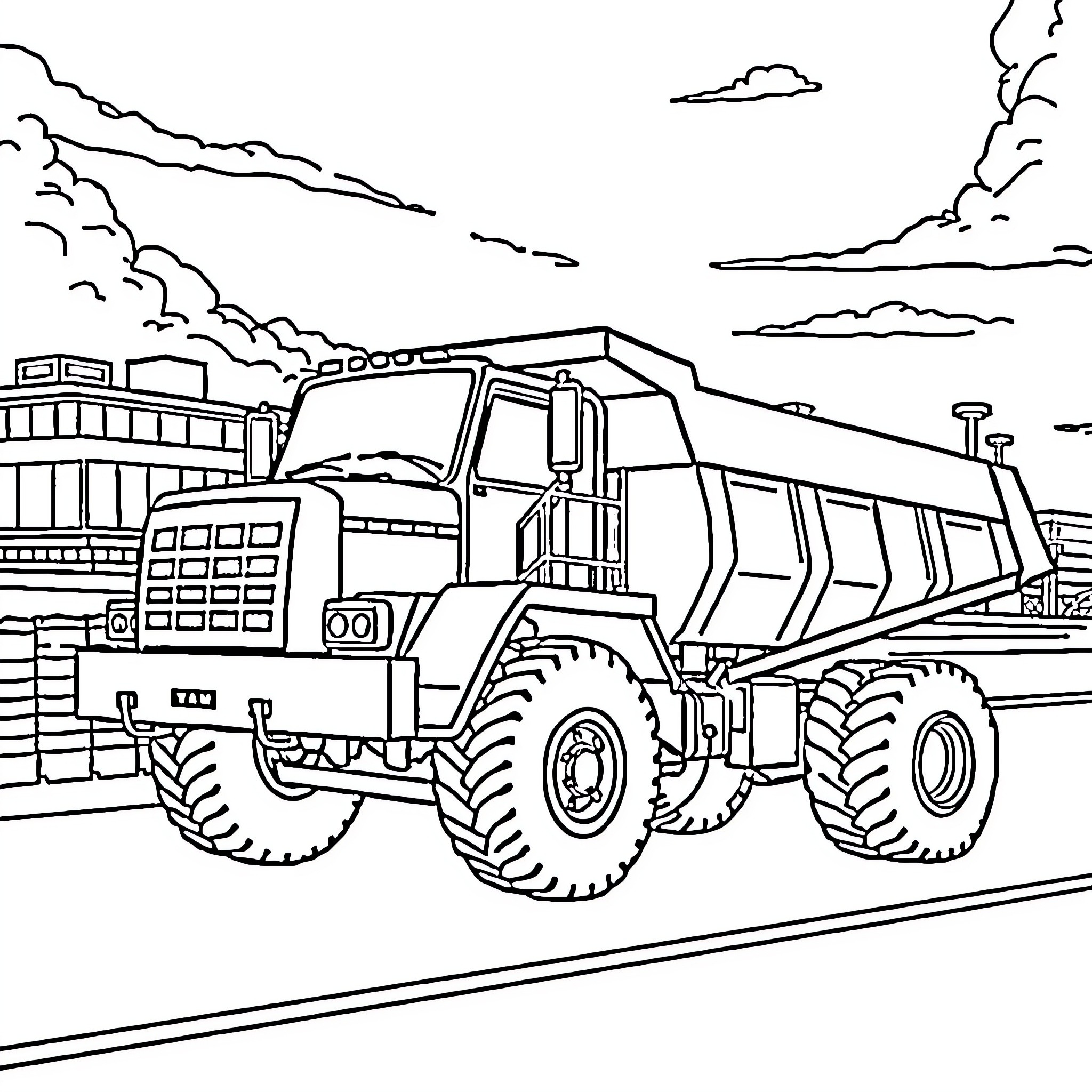 Dump Truck Transporting Construction Materials on Site Coloring Page (free black-and-white line drawing printable PDF for all, from beginners to advanced learners, including children, teens, adults, and seniors)