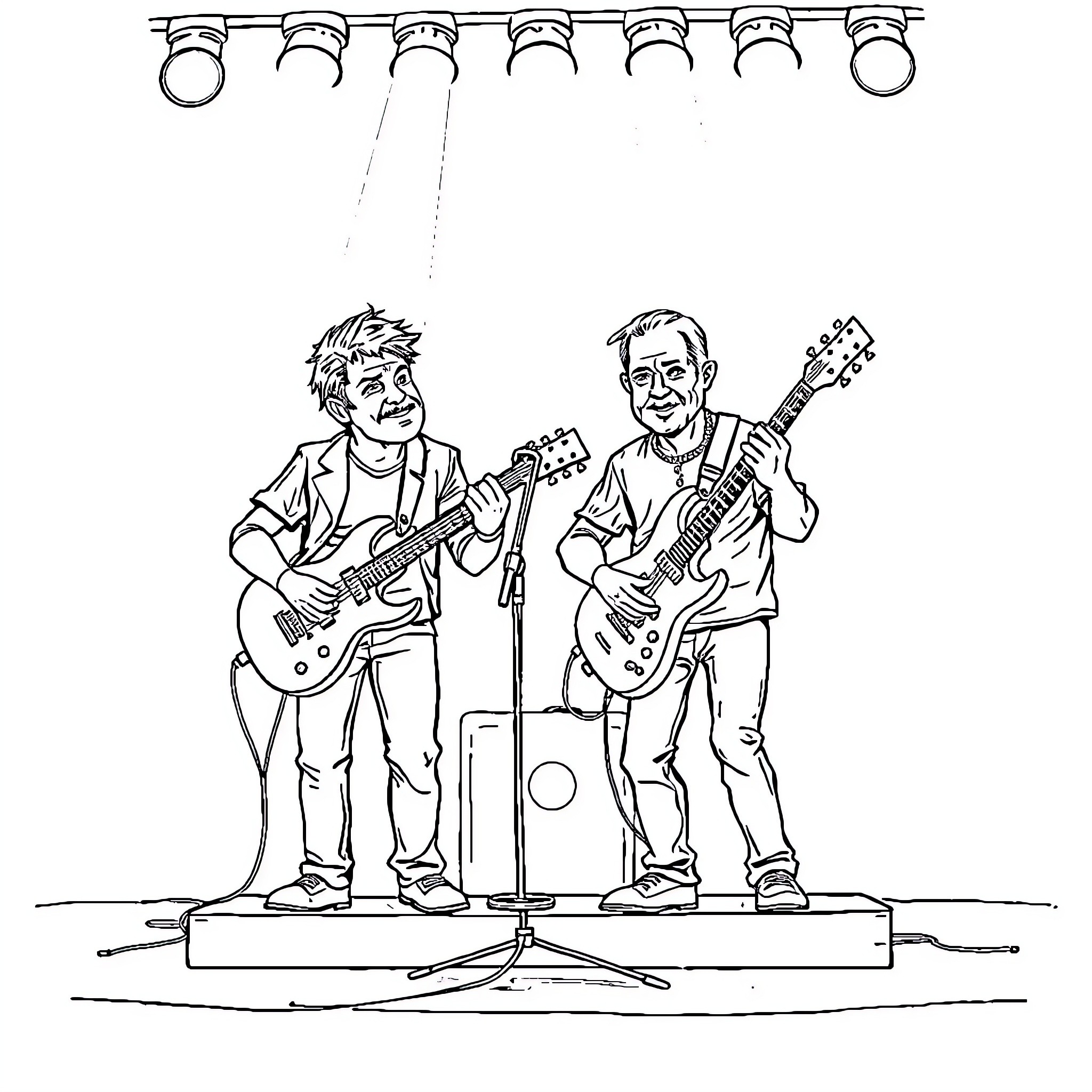 Guitar musicians performing on stage Coloring Page (free black-and-white line drawing printable PDF for all, from beginners to advanced learners, including children, teens, adults, and seniors)
