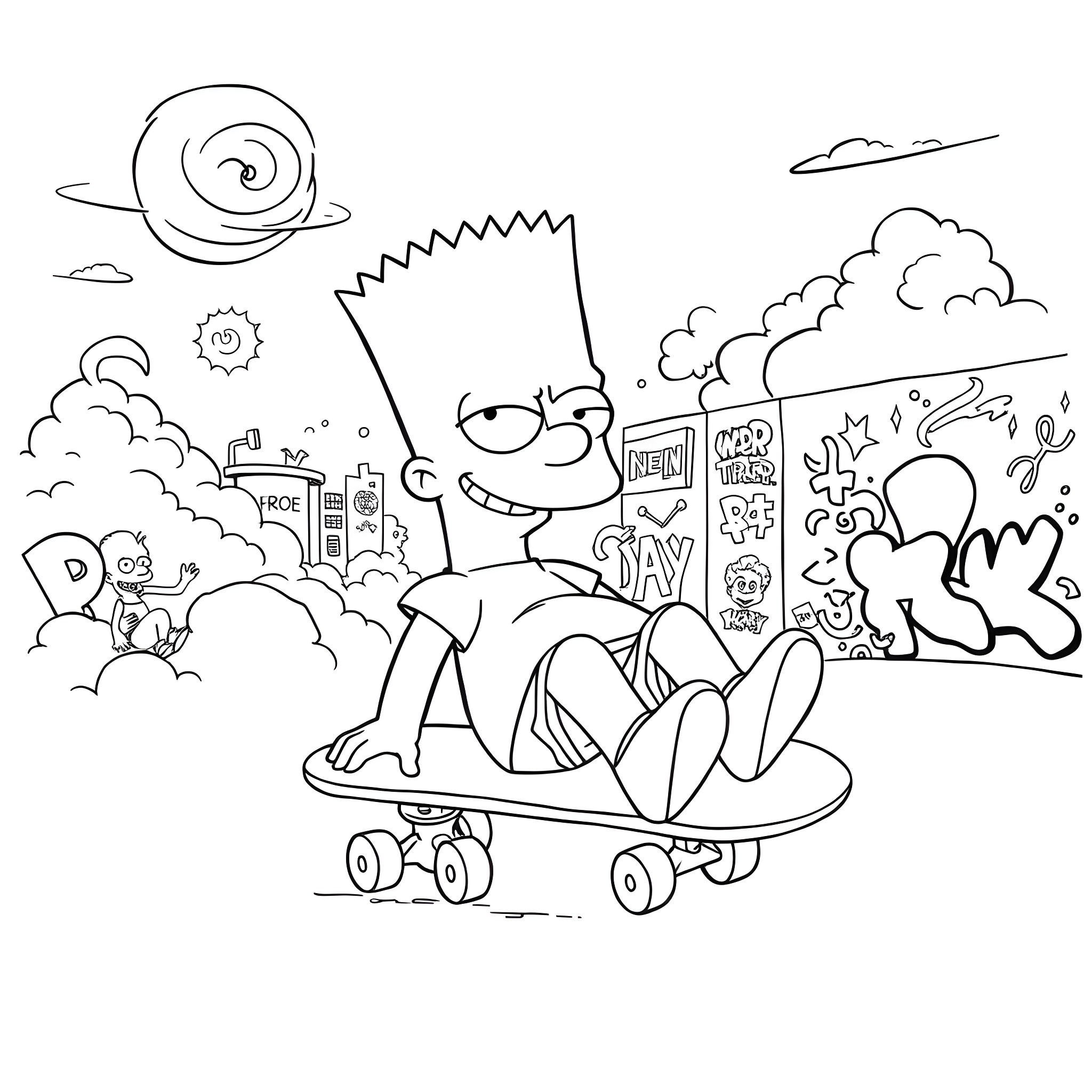 Bart Simpson riding a skateboard in a chaotic city scene Coloring Page (free black-and-white line drawing printable PDF for all, from beginners to advanced learners, including children, teens, adults, and seniors)