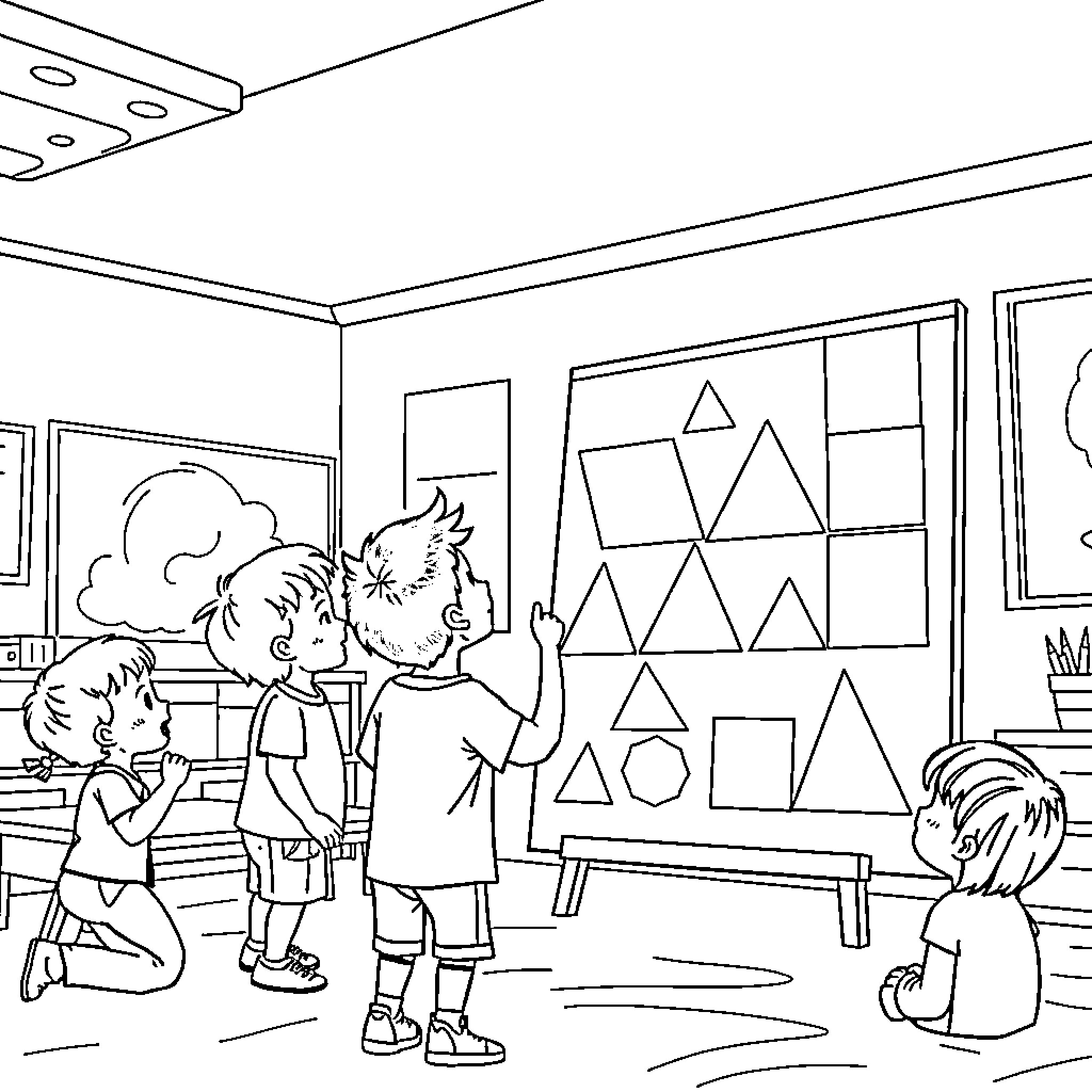 Child learning geometric shapes in classroom Coloring Page (free black-and-white line drawing printable PDF for all, from beginners to advanced learners, including children, teens, adults, and seniors)