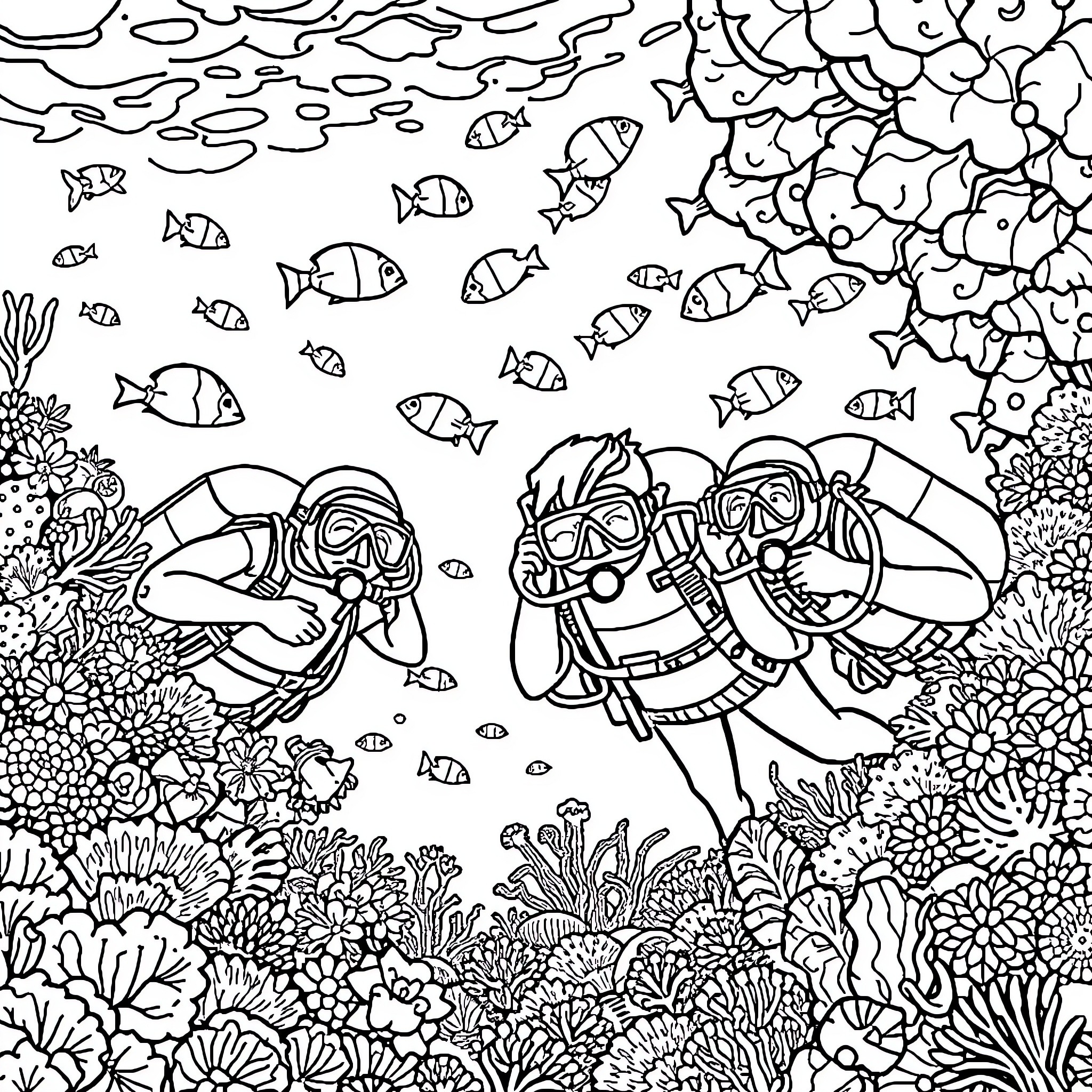 Friend scuba diving underwater with colorful sea life Coloring Page (free black-and-white line drawing printable PDF for all, from beginners to advanced learners, including children, teens, adults, and seniors)