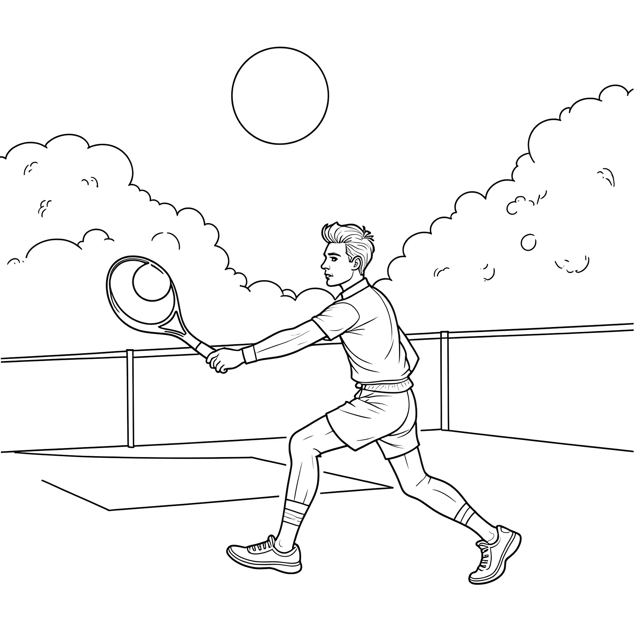 Doctor playing tennis on a court Coloring Page (free black-and-white line drawing printable PDF for all, from beginners to advanced learners, including children, teens, adults, and seniors)