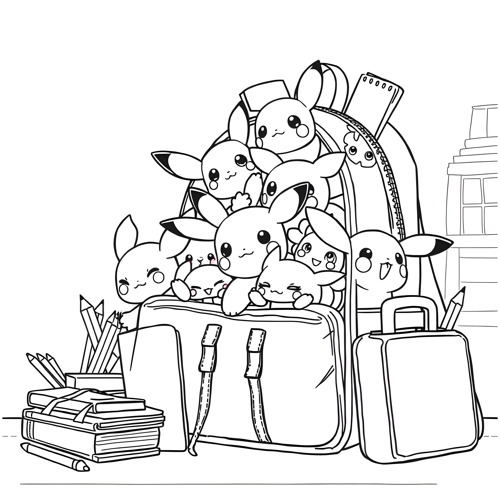 Pokémon characters in a school supplies-filled scene Coloring Page (free black-and-white line drawing printable PDF for all, from beginners to advanced learners, including children, teens, adults, and seniors)