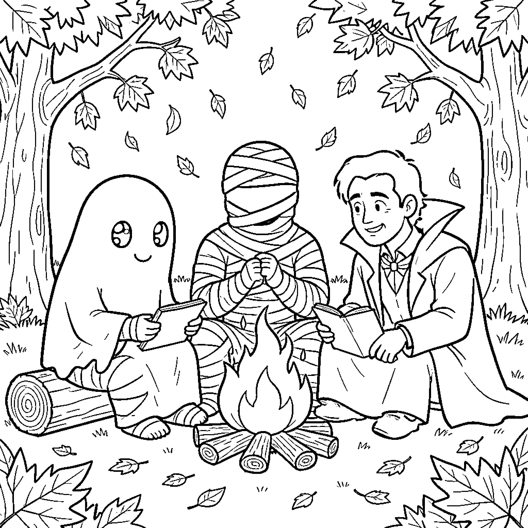 Ghost, mummy, and vampire gathering around a campfire Coloring Page (free black-and-white line drawing printable PDF for all, from beginners to advanced learners, including children, teens, adults, and seniors)