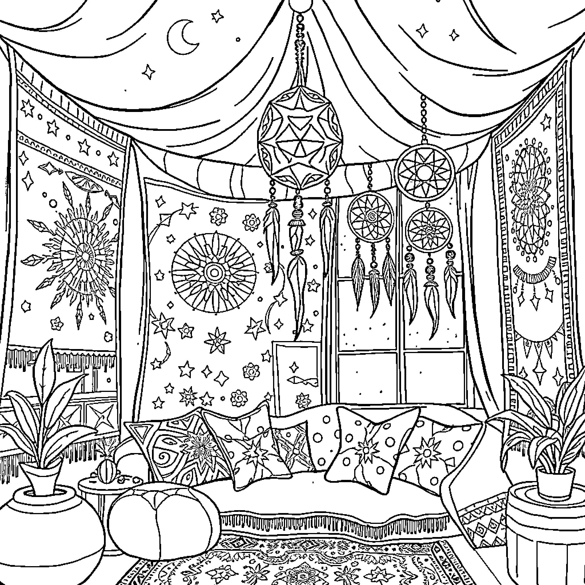 Celestial Dreamcatcher Sanctuary Coloring Page (free black-and-white line drawing printable PDF for all, from beginners to advanced learners, including children, teens, adults, and seniors)