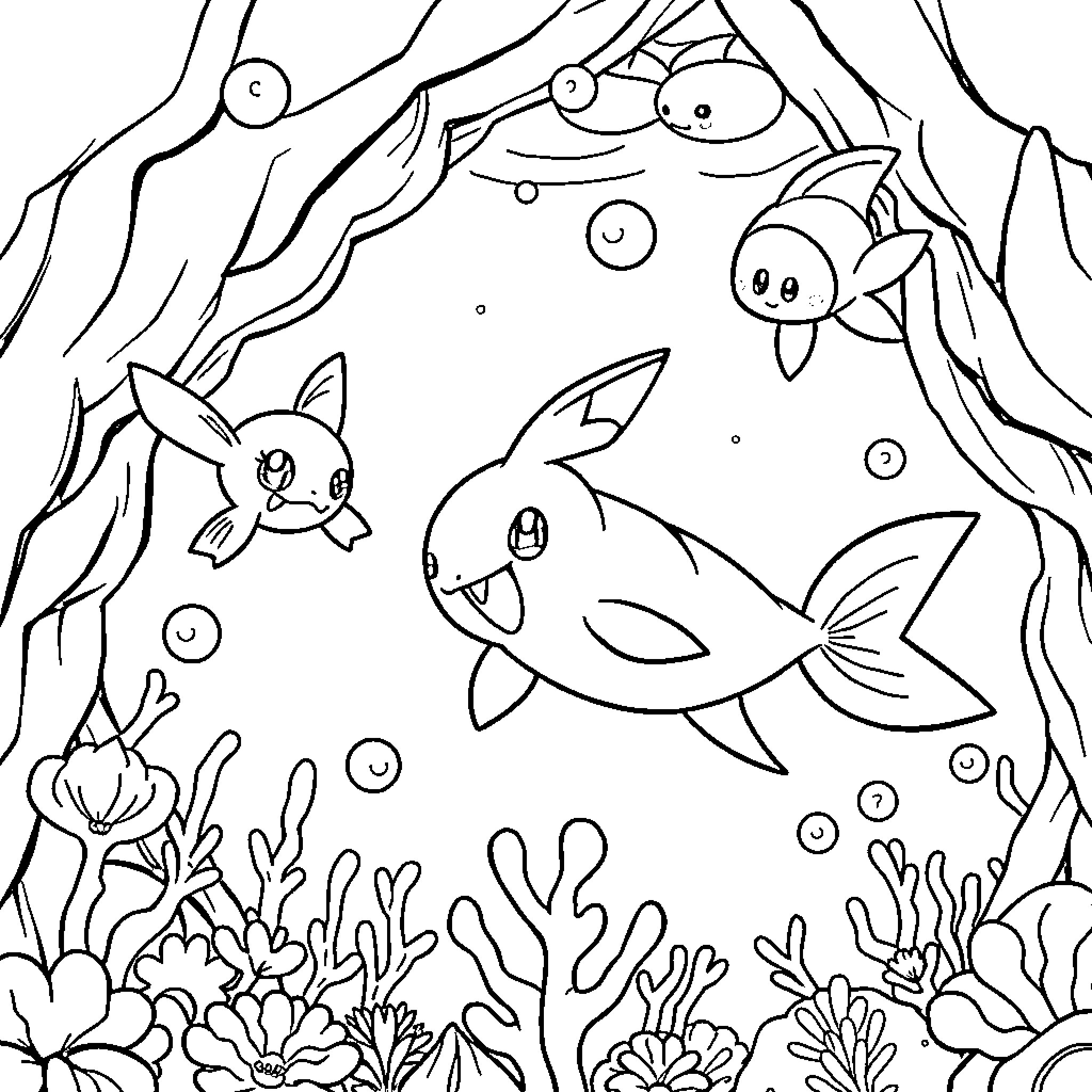 Pokémon Underwater Adventure Coloring Page (free black-and-white line drawing printable PDF for all, from beginners to advanced learners, including children, teens, adults, and seniors)