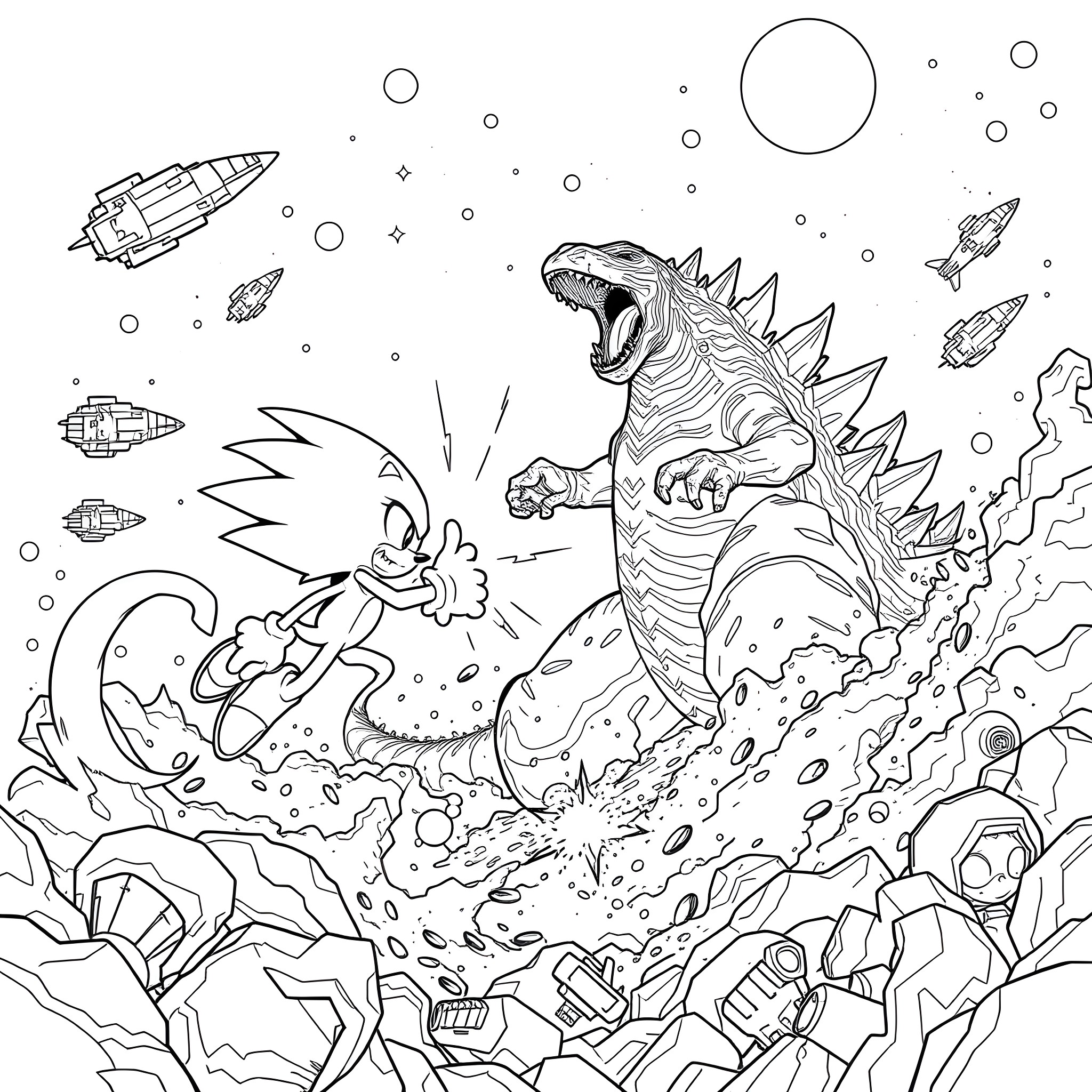 Godzilla fighting against robots in outer space Coloring Page (free black-and-white line drawing printable PDF for all, from beginners to advanced learners, including children, teens, adults, and seniors)