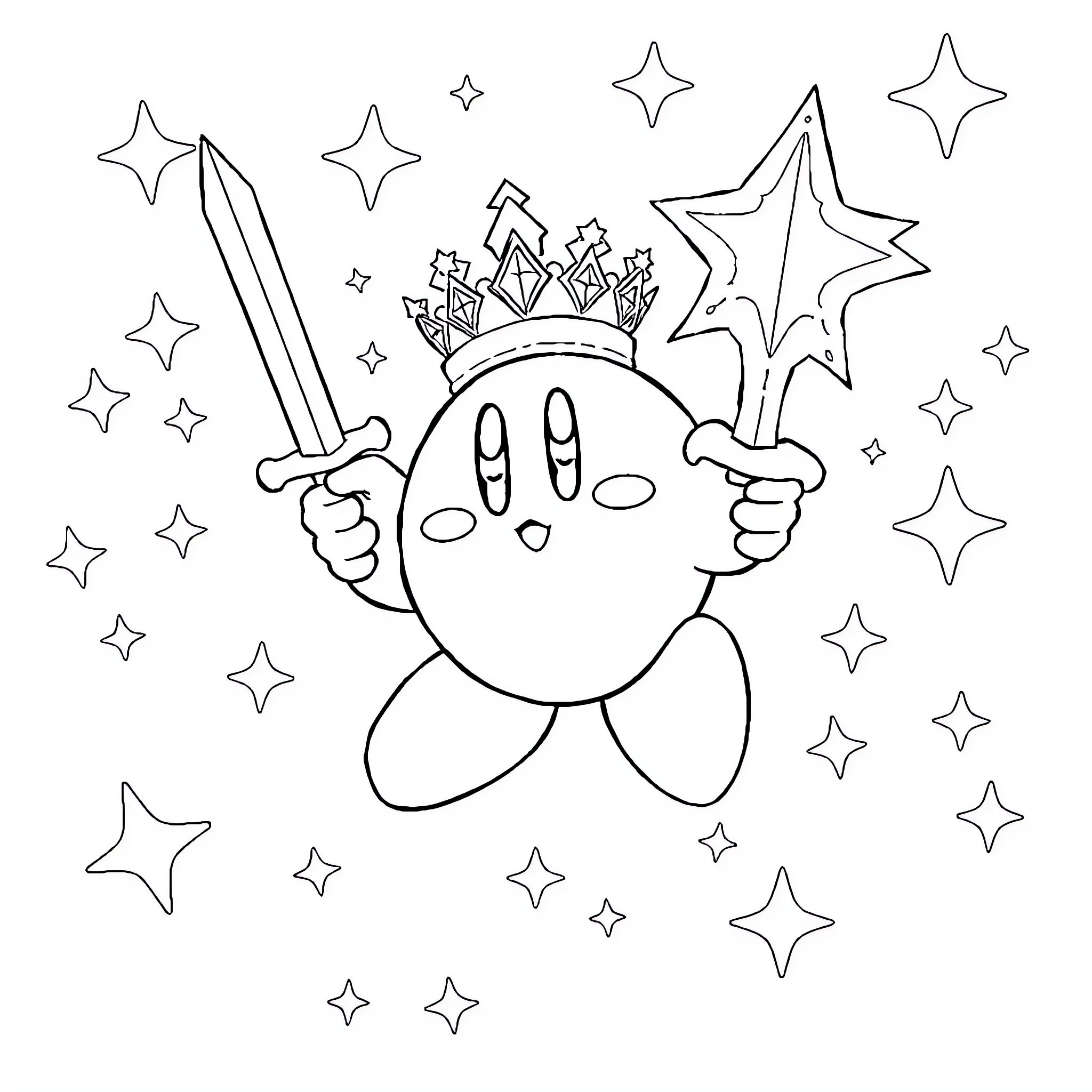 Kirby wields magic wand and crown among stars Coloring Page (free black-and-white line drawing printable PDF for all, from beginners to advanced learners, including children, teens, adults, and seniors)