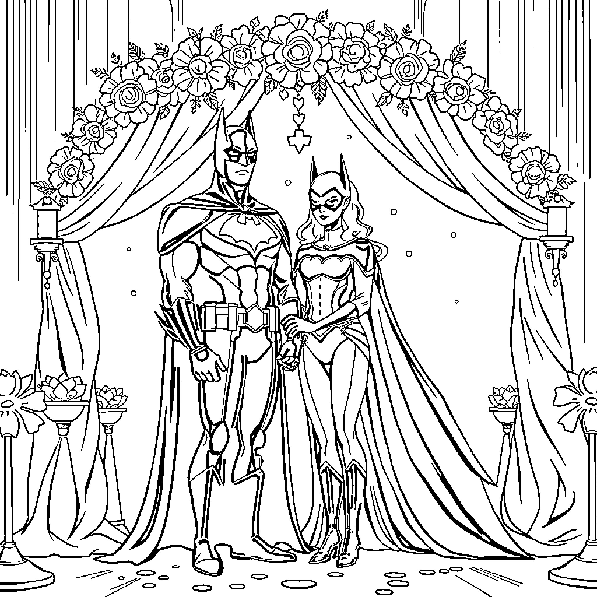 Batman and Batgirl in Floral Curtained Backdrop Coloring Page (free black-and-white line drawing printable PDF for all, from beginners to advanced learners, including children, teens, adults, and seniors)