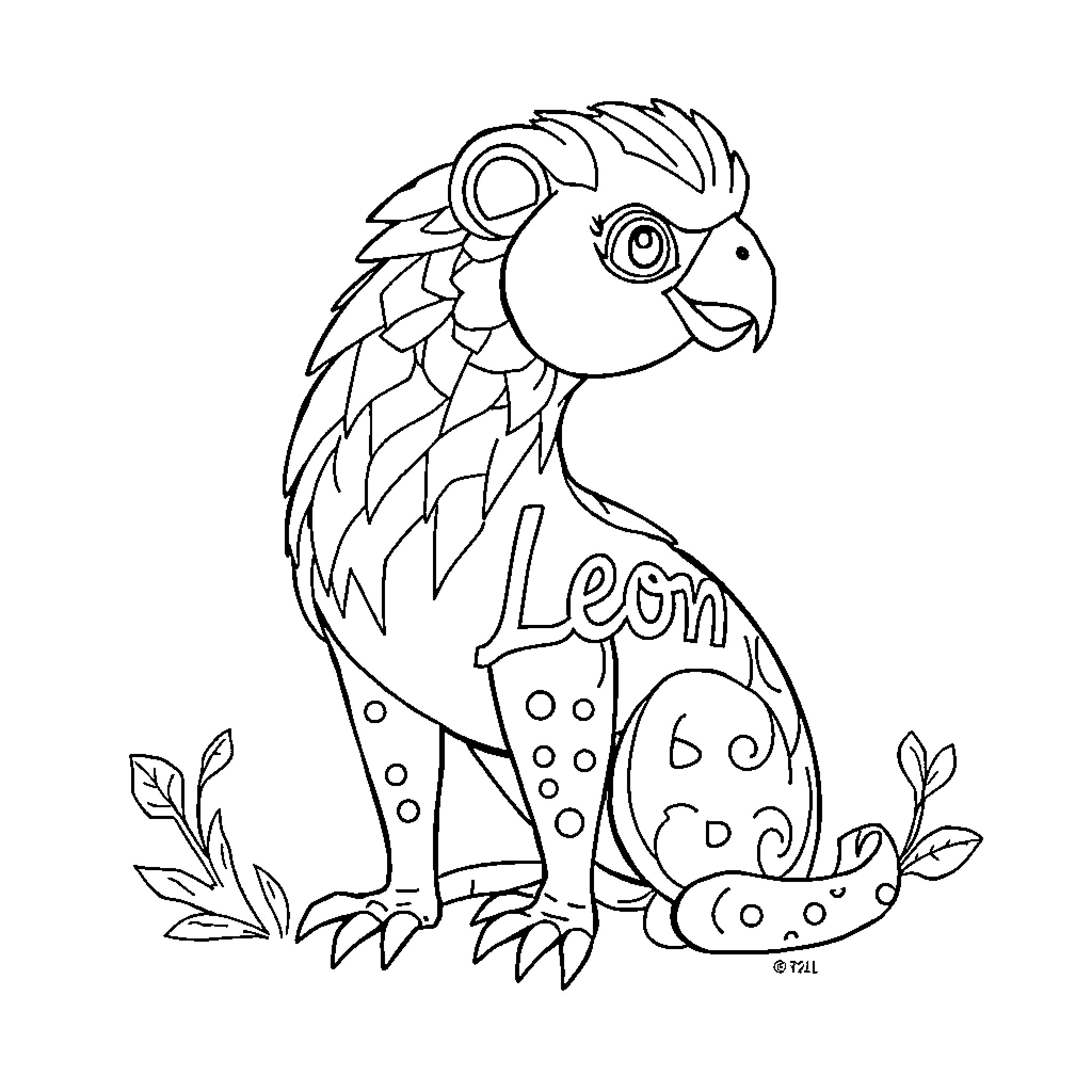 Chameleon with decorative patterns and name Coloring Page (free black-and-white line drawing printable PDF for all, from beginners to advanced learners, including children, teens, adults, and seniors)